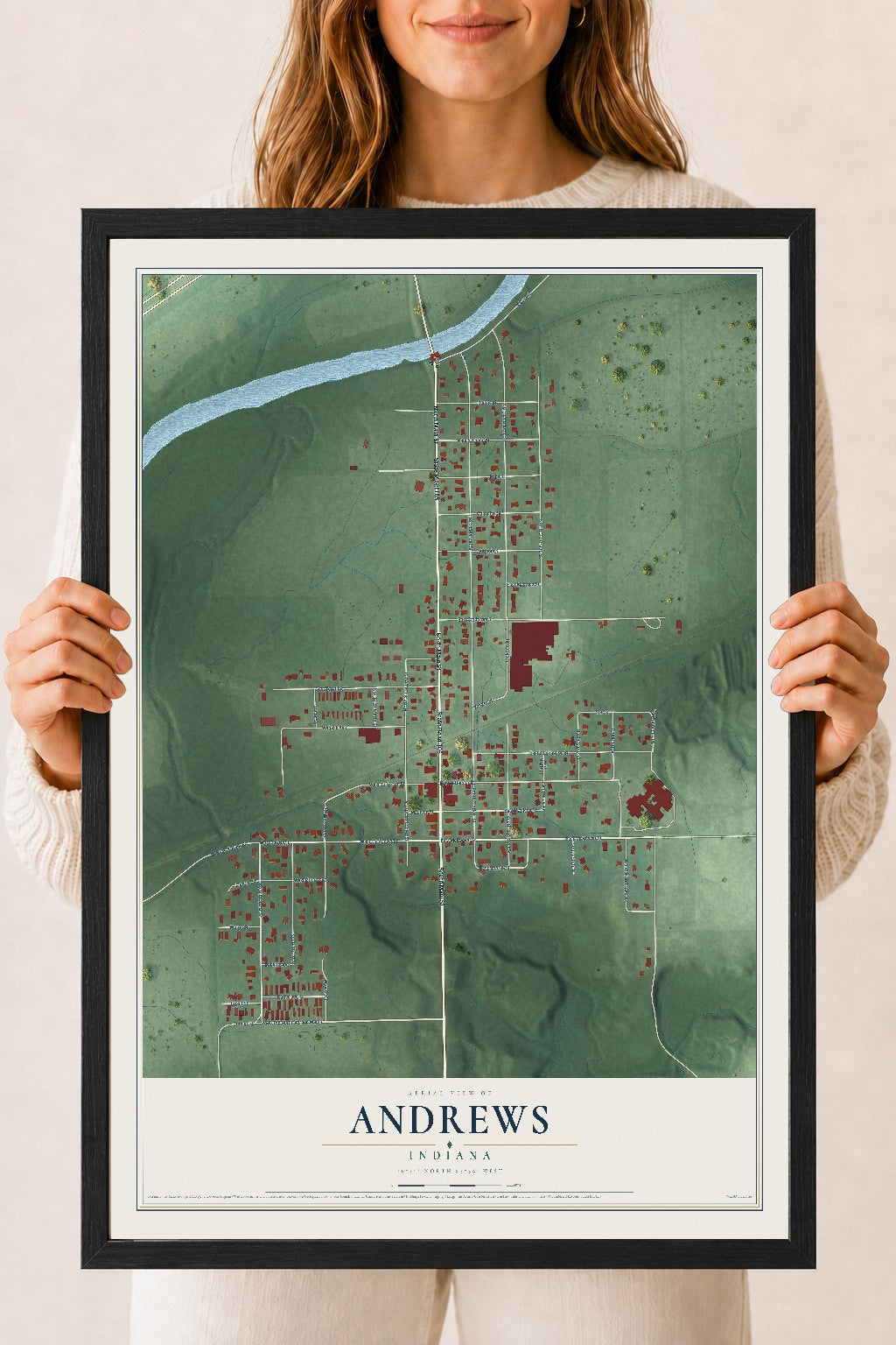 Map of Andrews, Indiana, 18 x 24 inch print in a black wood frame