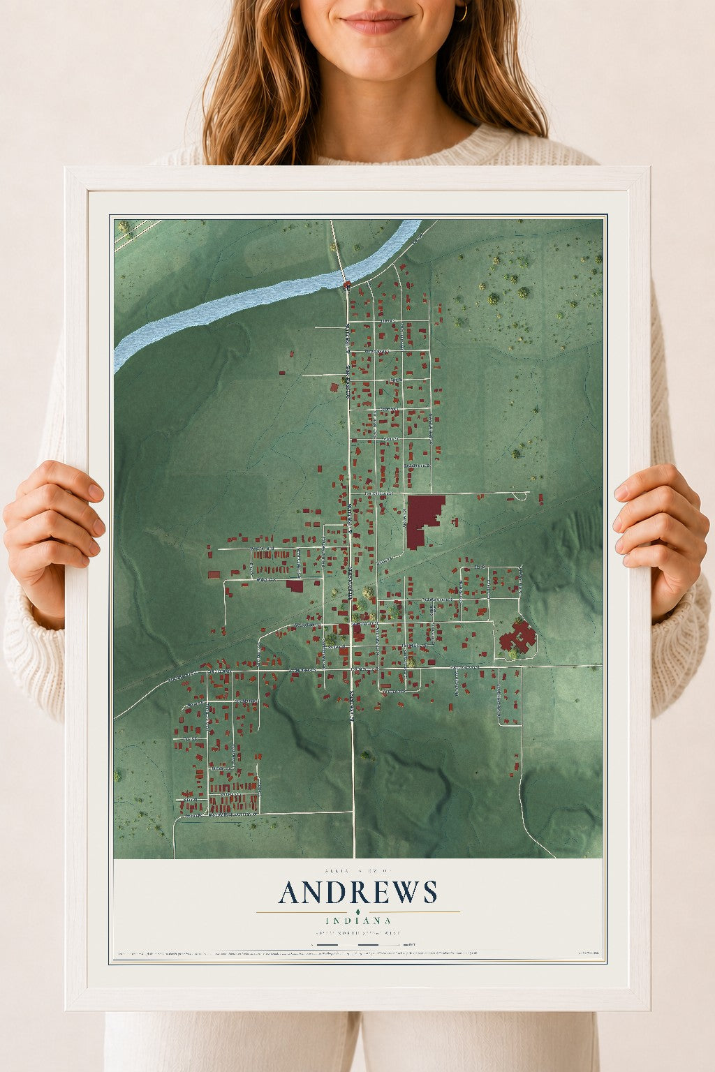 Map of Andrews, Indiana, 18 x 24 inch print in a white wood frame