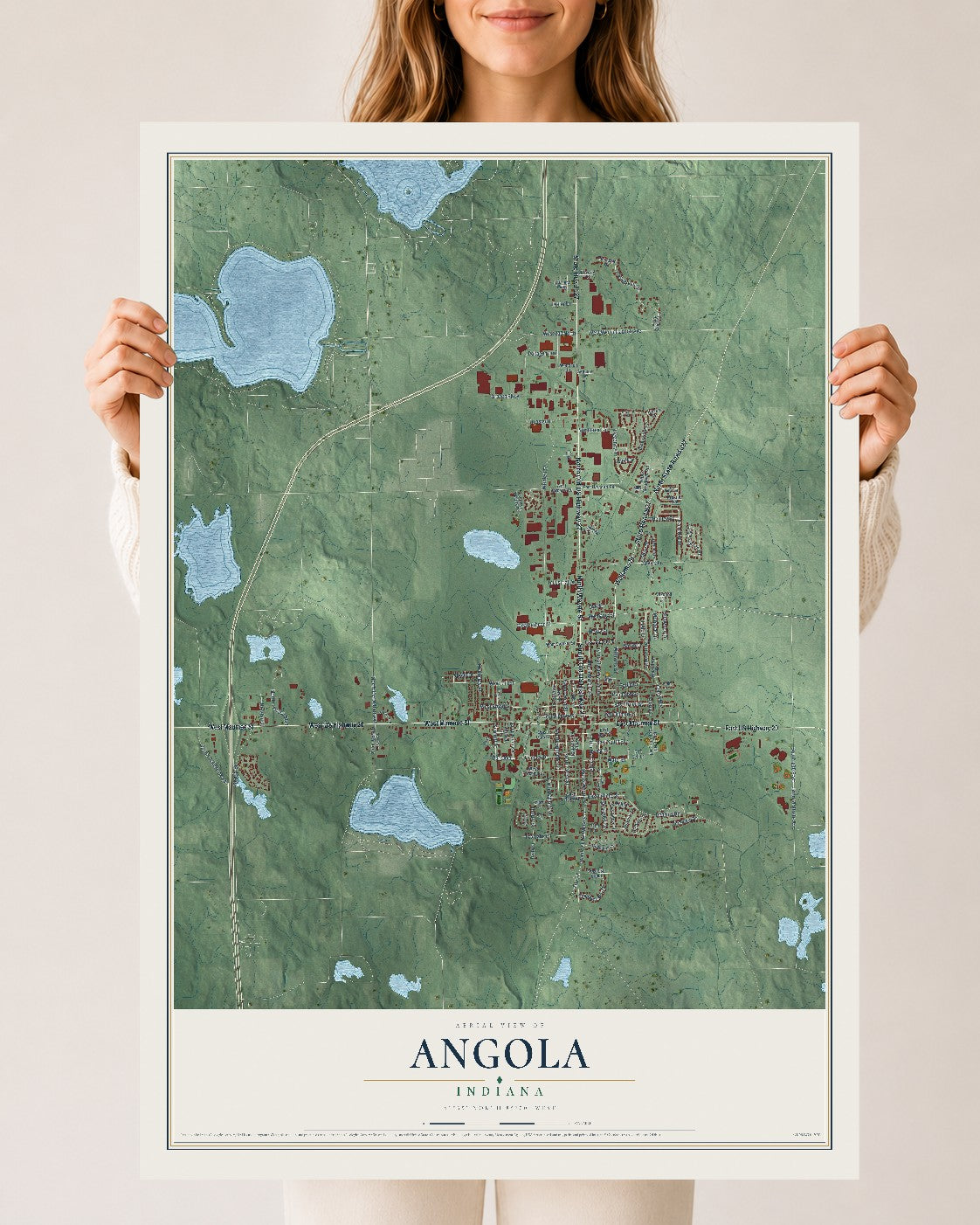 Map of Angola, Indiana, 24 x 36 inch unframed archival matte print