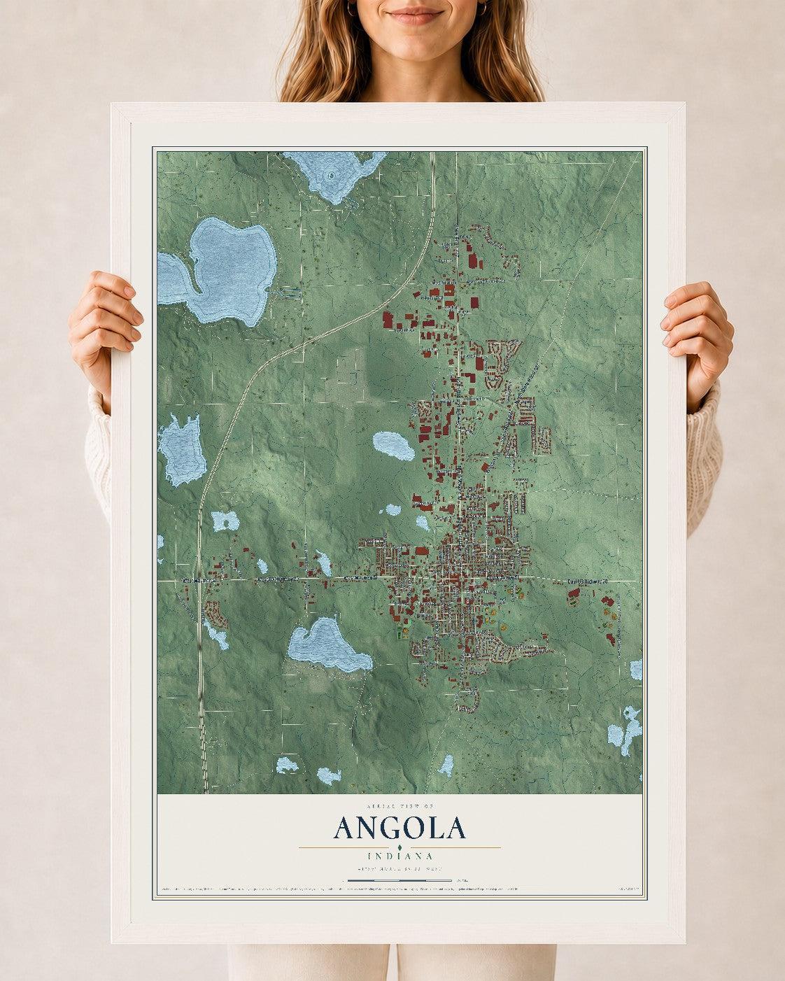 Map of Angola, Indiana, 24 x 36 inch print in a white wood frame
