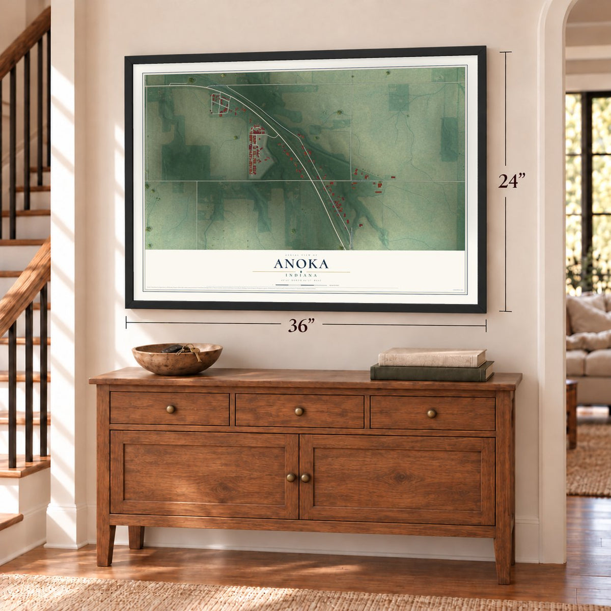 Anoka, Indiana map, 24 x 36 inch print in a black frame above a dresser by a staircase