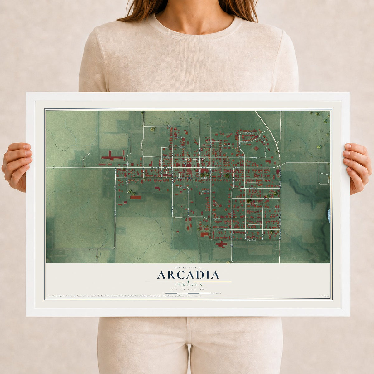 Map of Arcadia, Indiana, 12 x 18 inch print in a white wood frame