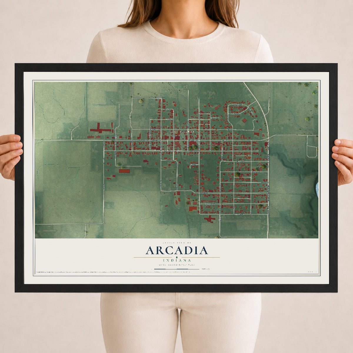 Map of Arcadia, Indiana, 18 x 24 inch print in a black wood frame