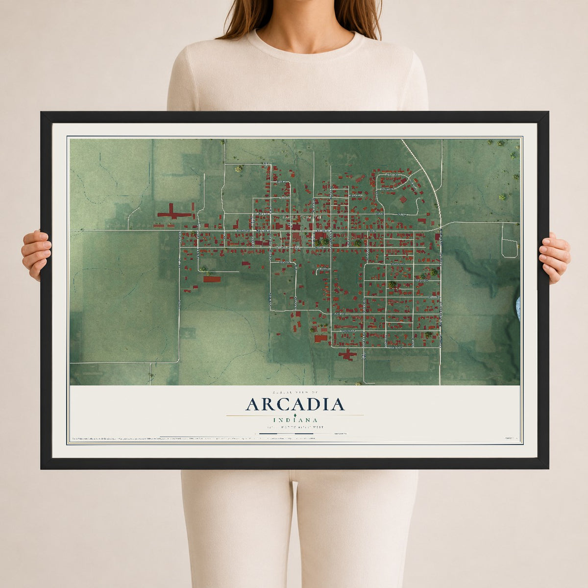 Map of Arcadia, Indiana, 24 x 36 inch print in a black wood frame