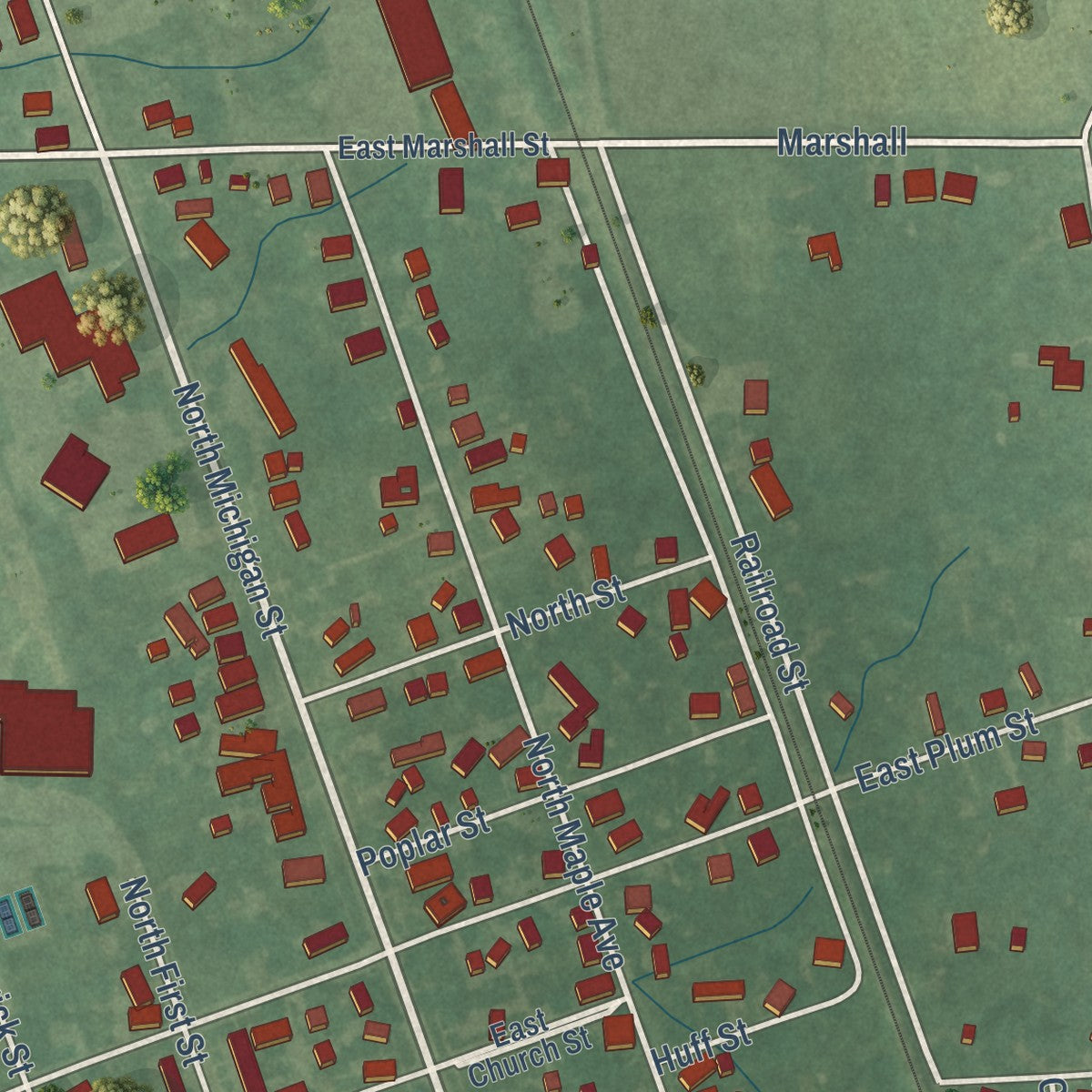 Second close-up of the map of Argos, Indiana print showing more streets and buildings