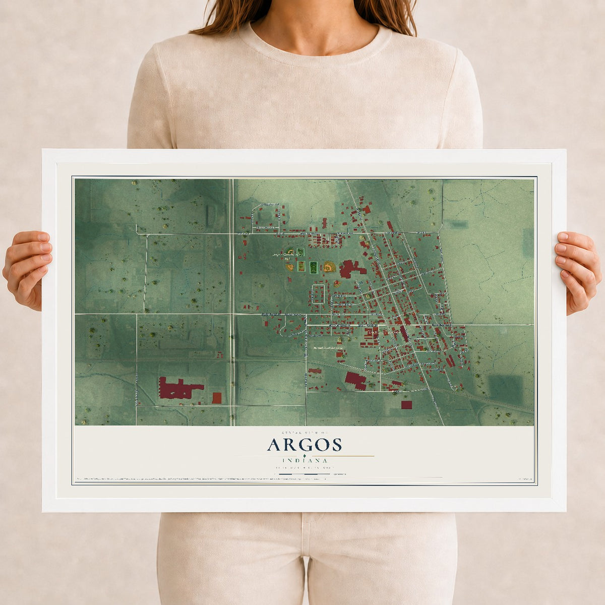 Map of Argos, Indiana, 12 x 18 inch print in a white wood frame