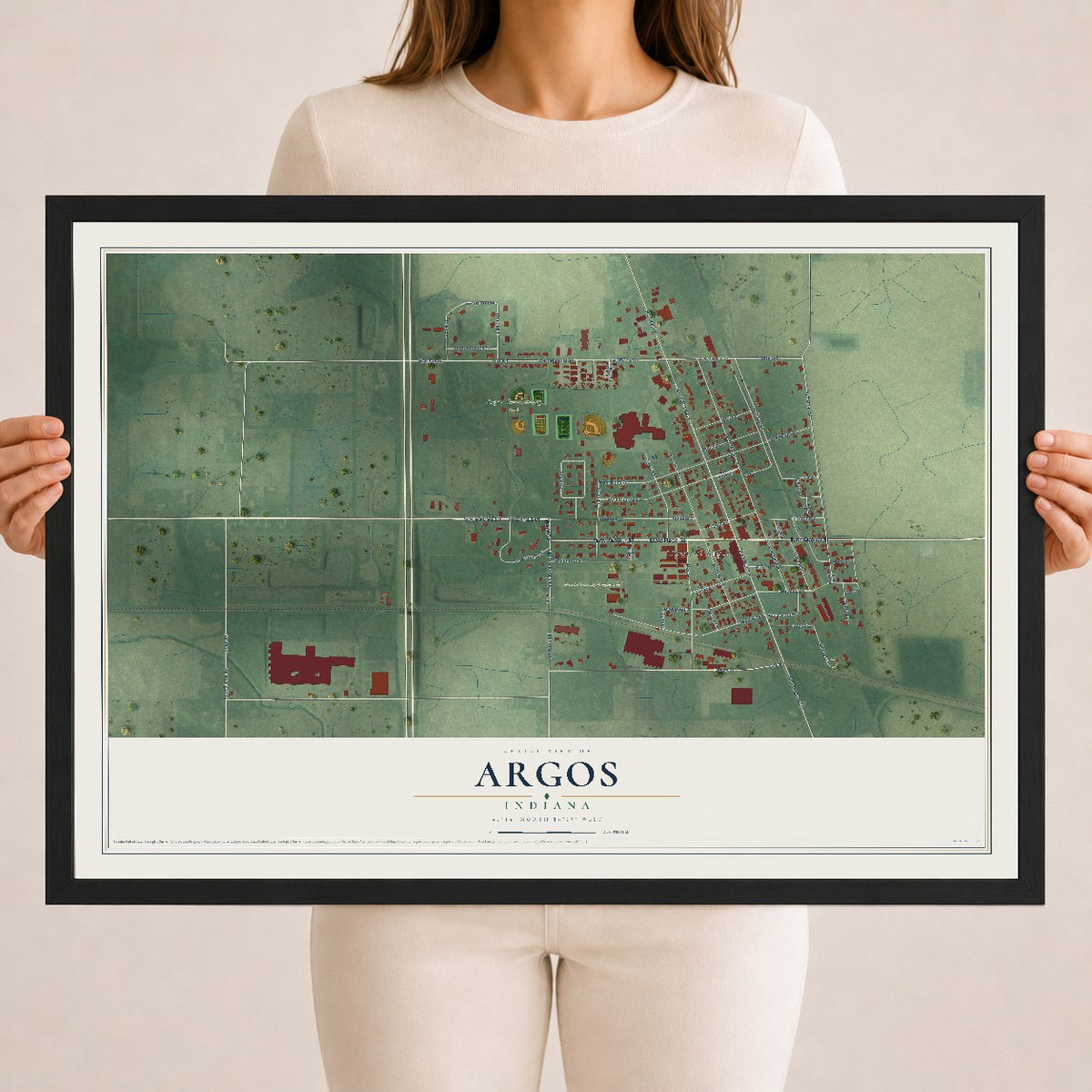 Map of Argos, Indiana, 18 x 24 inch print in a black wood frame