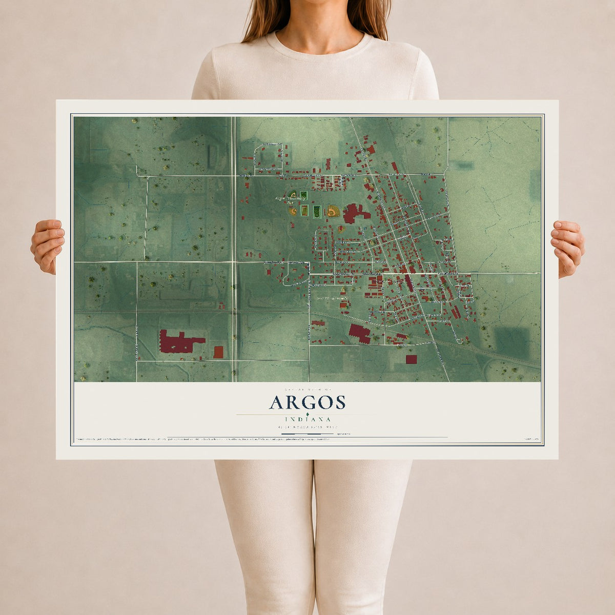 Map of Argos, Indiana, 24 x 36 inch unframed archival matte print