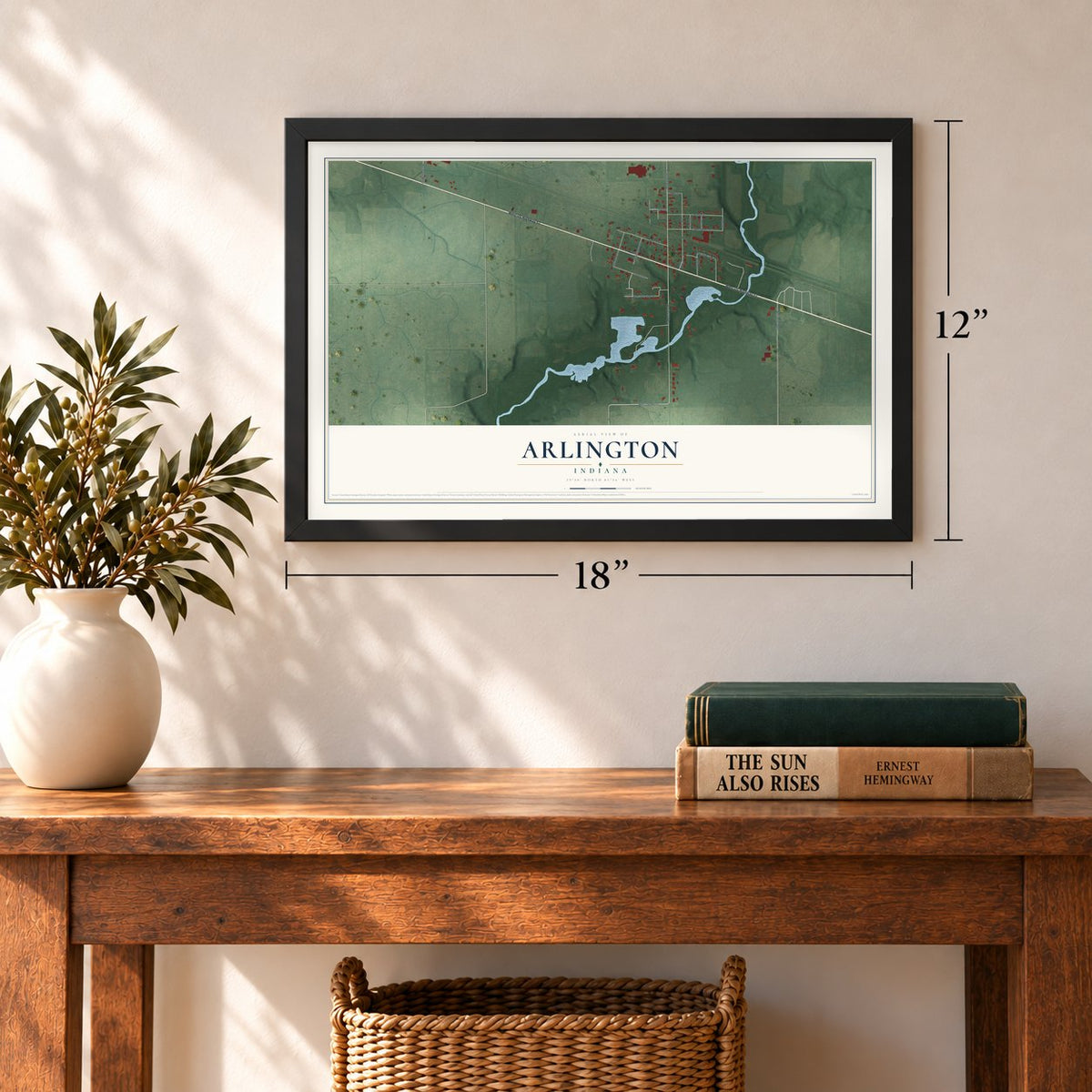 Arlington, Indiana map, 12 x 18 inch print in a black frame in an entryway