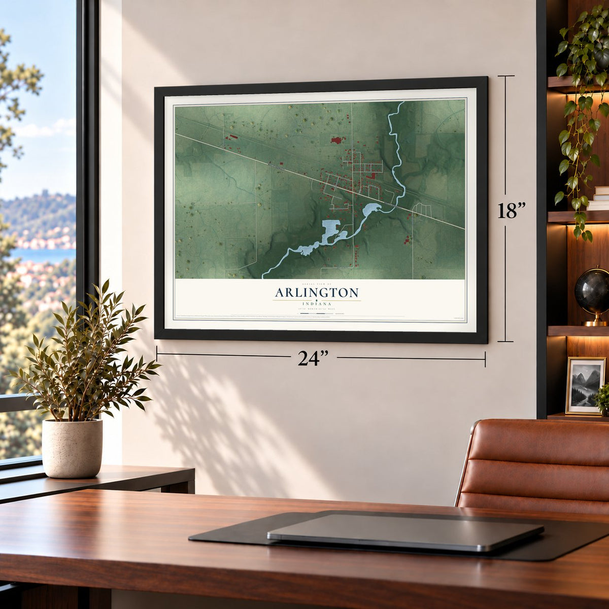 Arlington, Indiana map, 18 x 24 inch print in a black frame in a home office