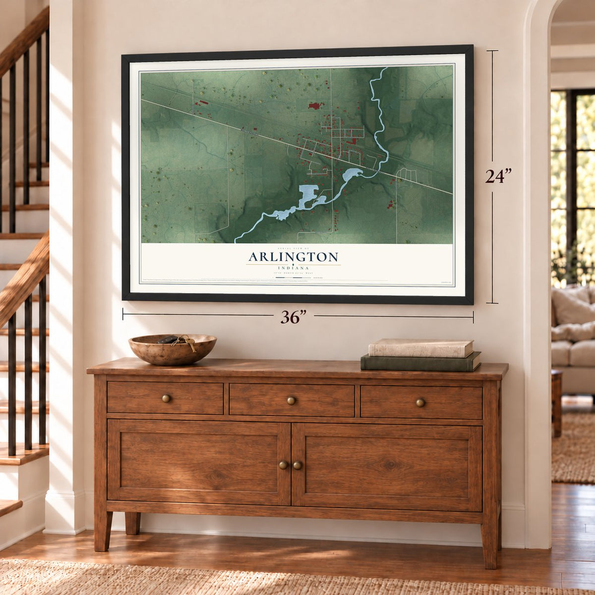 Arlington, Indiana map, 24 x 36 inch print in a black frame above a dresser by a staircase