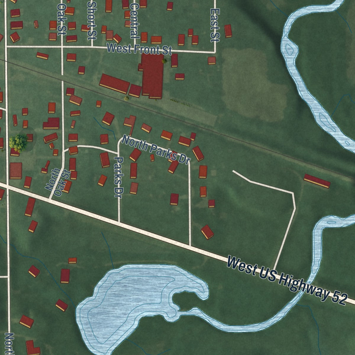 Close-up of the map of Arlington, Indiana print showing street and building detail