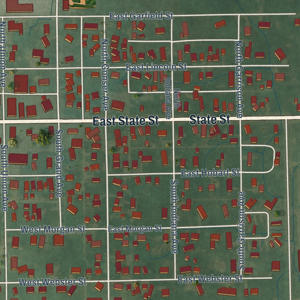 Close-up of the map of Ashley, Indiana print showing street and building detail