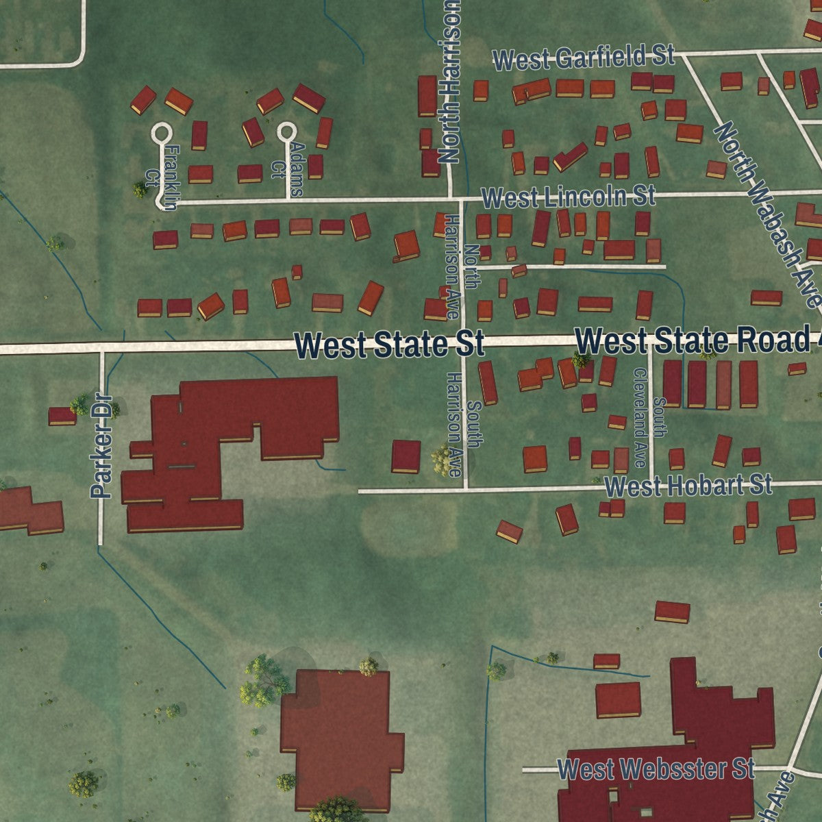 Second close-up of the map of Ashley, Indiana print showing more streets and buildings