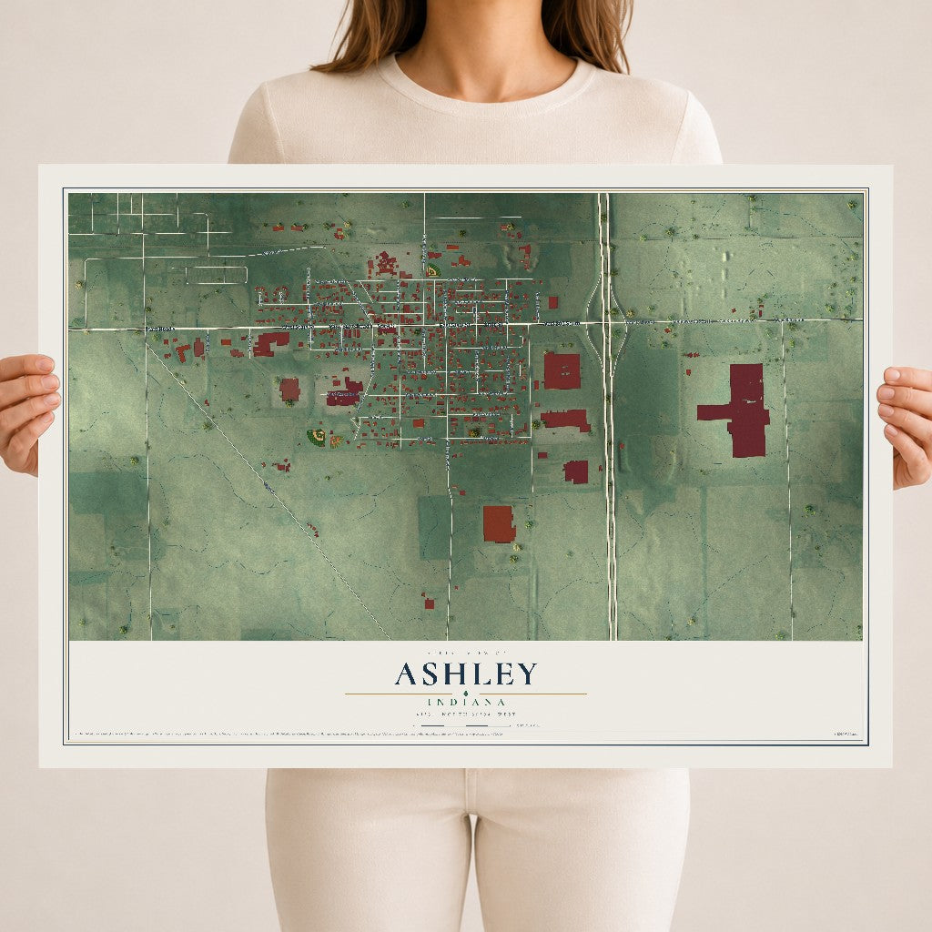 Map of Ashley, Indiana, 18 x 24 inch unframed archival matte print
