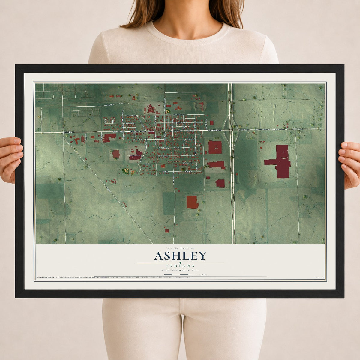 Map of Ashley, Indiana, 18 x 24 inch print in a black wood frame
