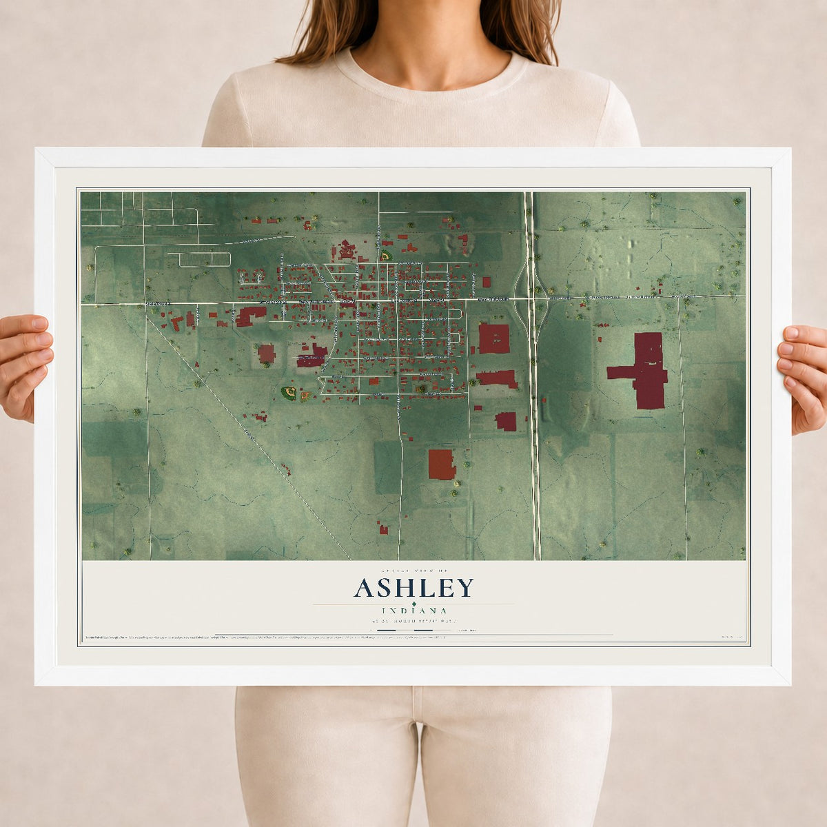 Map of Ashley, Indiana, 18 x 24 inch print in a white wood frame