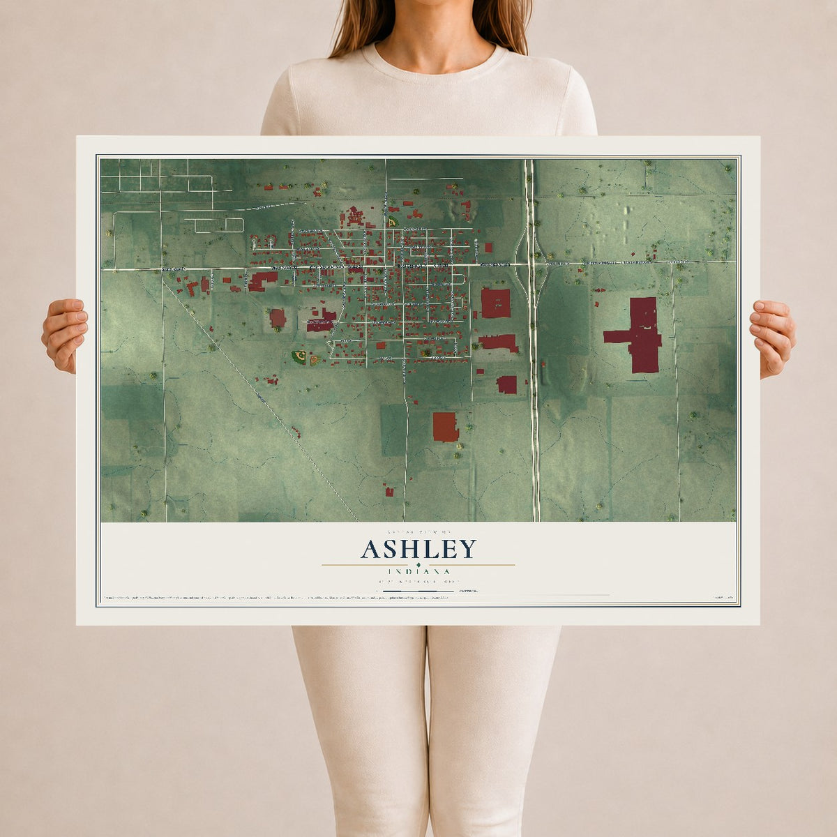 Map of Ashley, Indiana, 24 x 36 inch unframed archival matte print