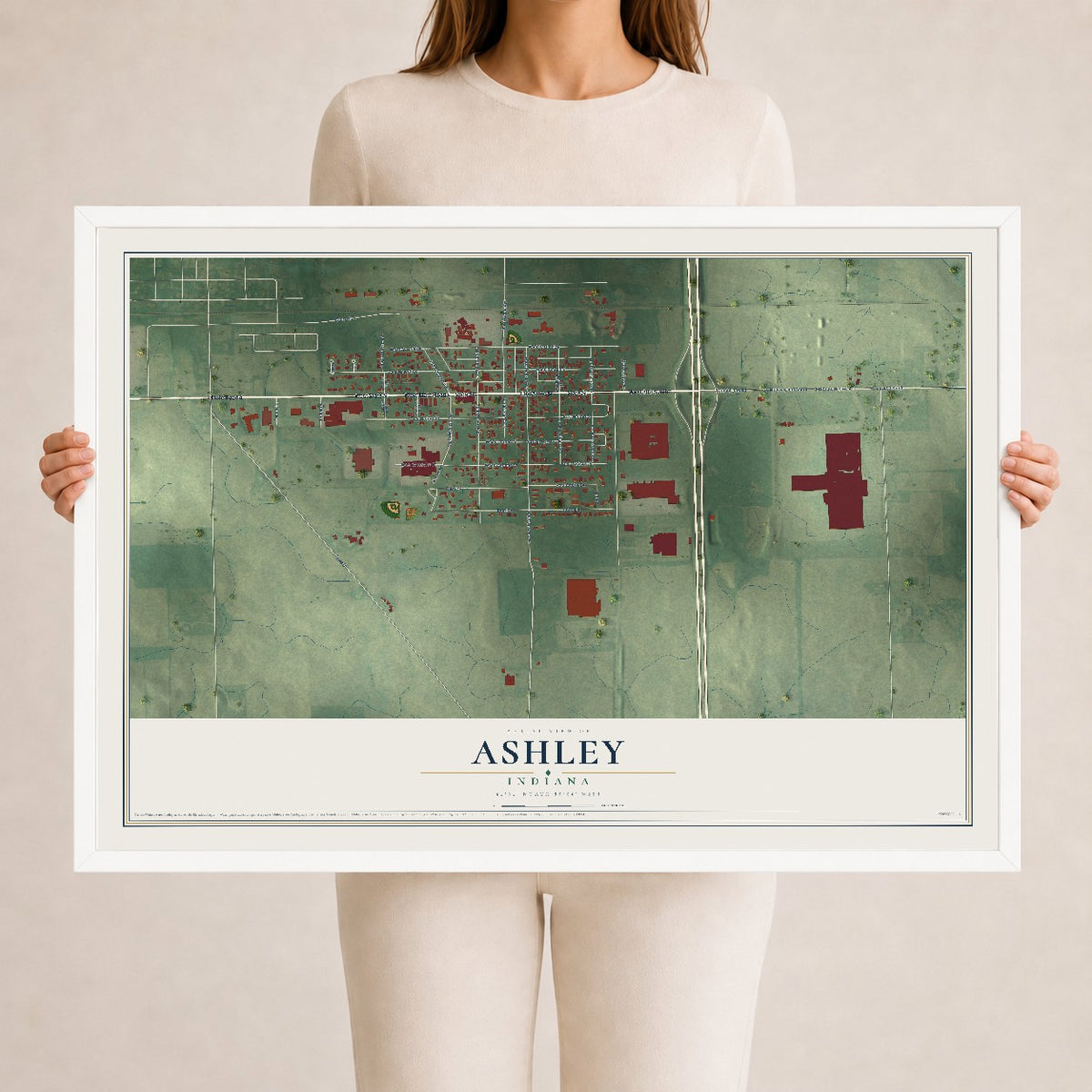Map of Ashley, Indiana, 24 x 36 inch print in a white wood frame