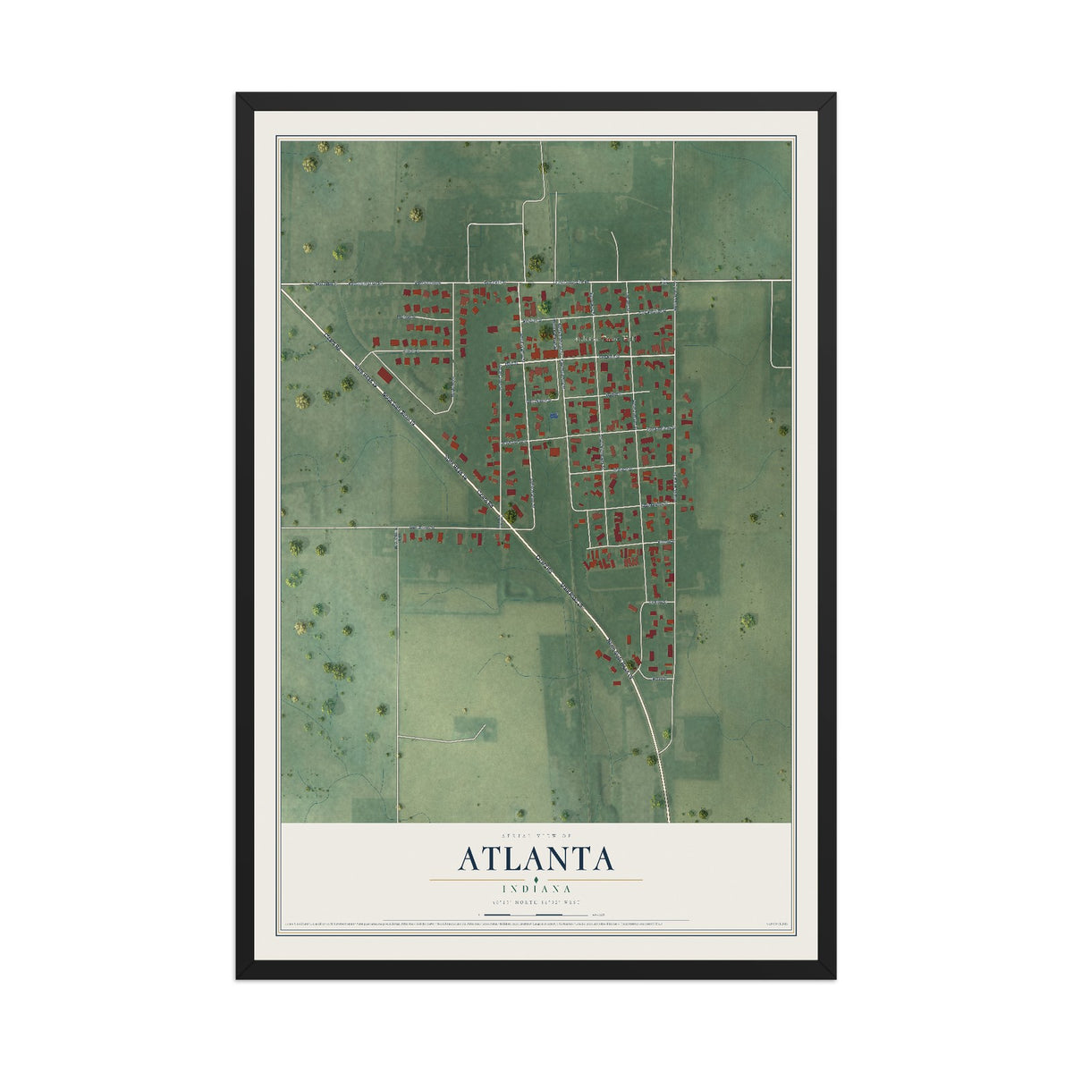 Map of Atlanta, Indiana, 12 x 18 inch print in a black wood frame