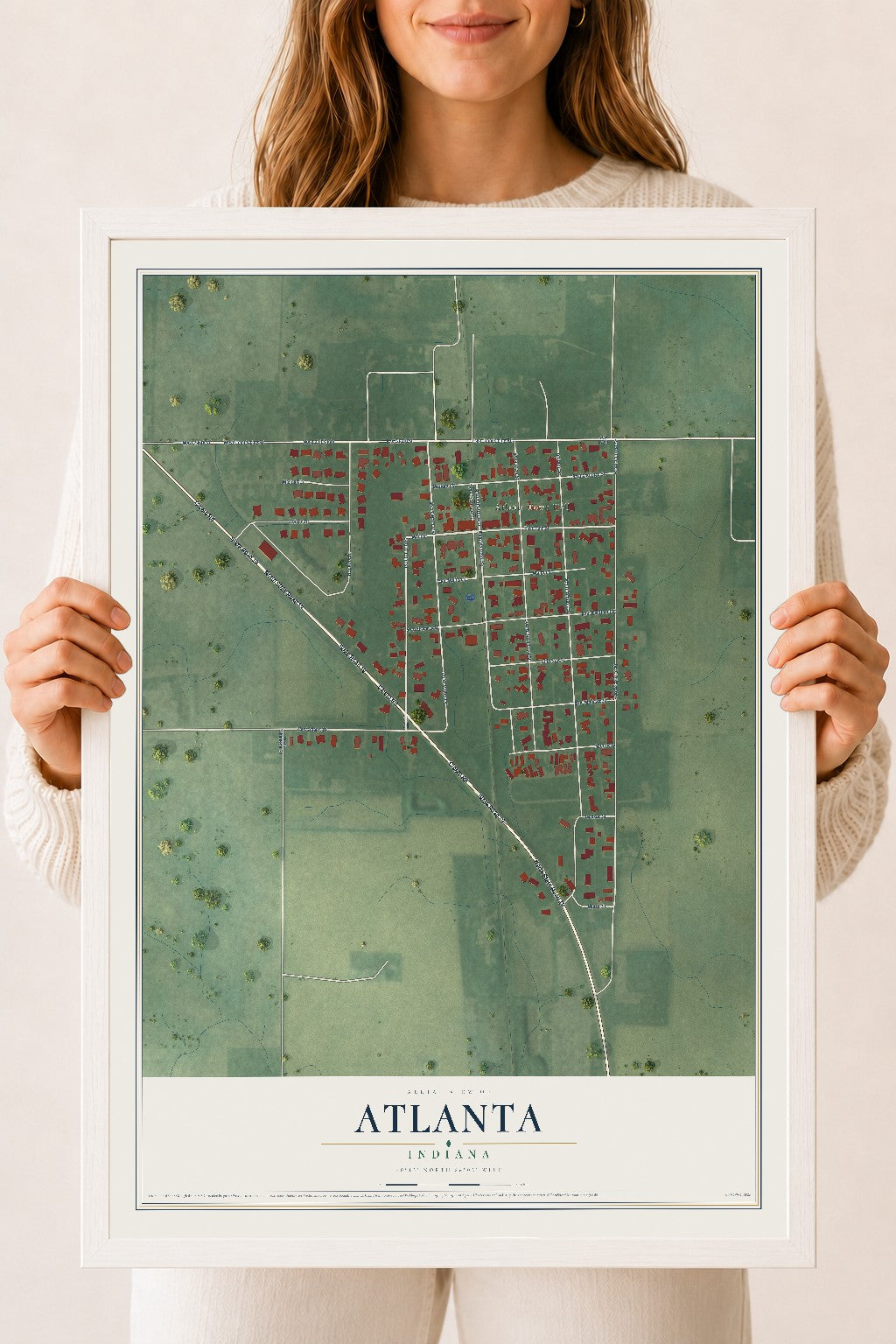 Map of Atlanta, Indiana, 18 x 24 inch print in a white wood frame