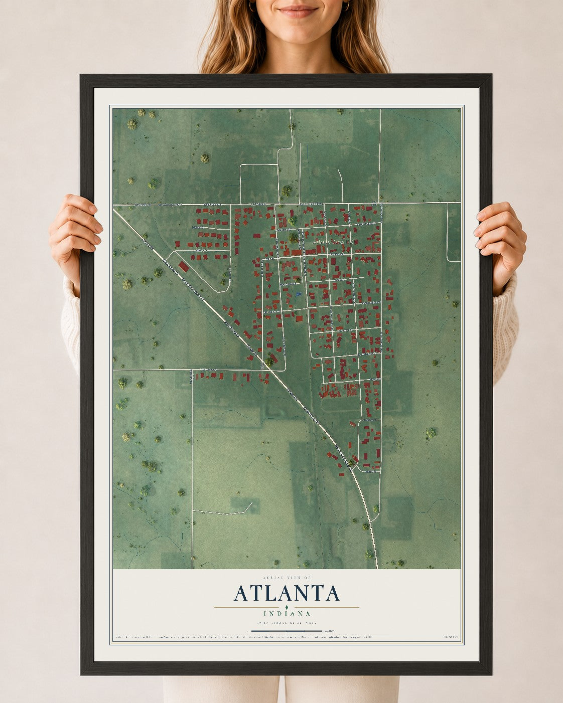 Map of Atlanta, Indiana, 24 x 36 inch print in a black wood frame