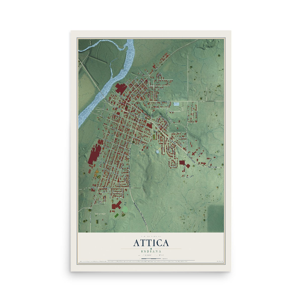 Map of Attica, Indiana, 12 x 18 inch unframed archival matte print