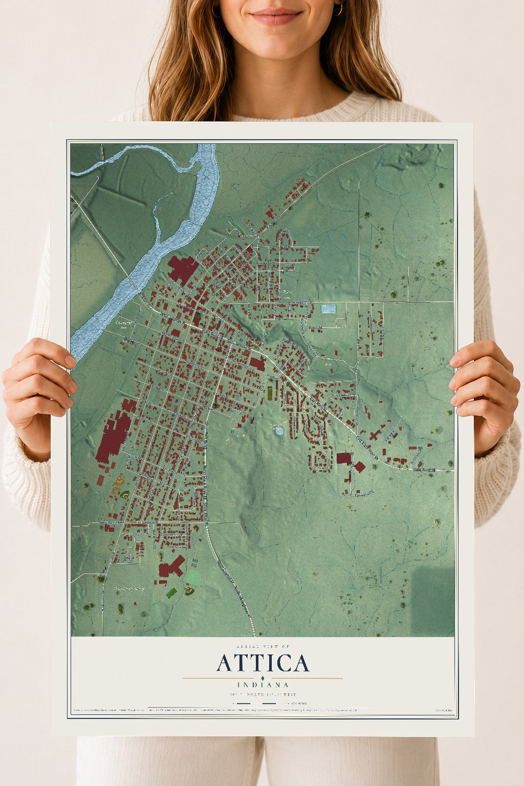 Map of Attica, Indiana, 18 x 24 inch unframed archival matte print