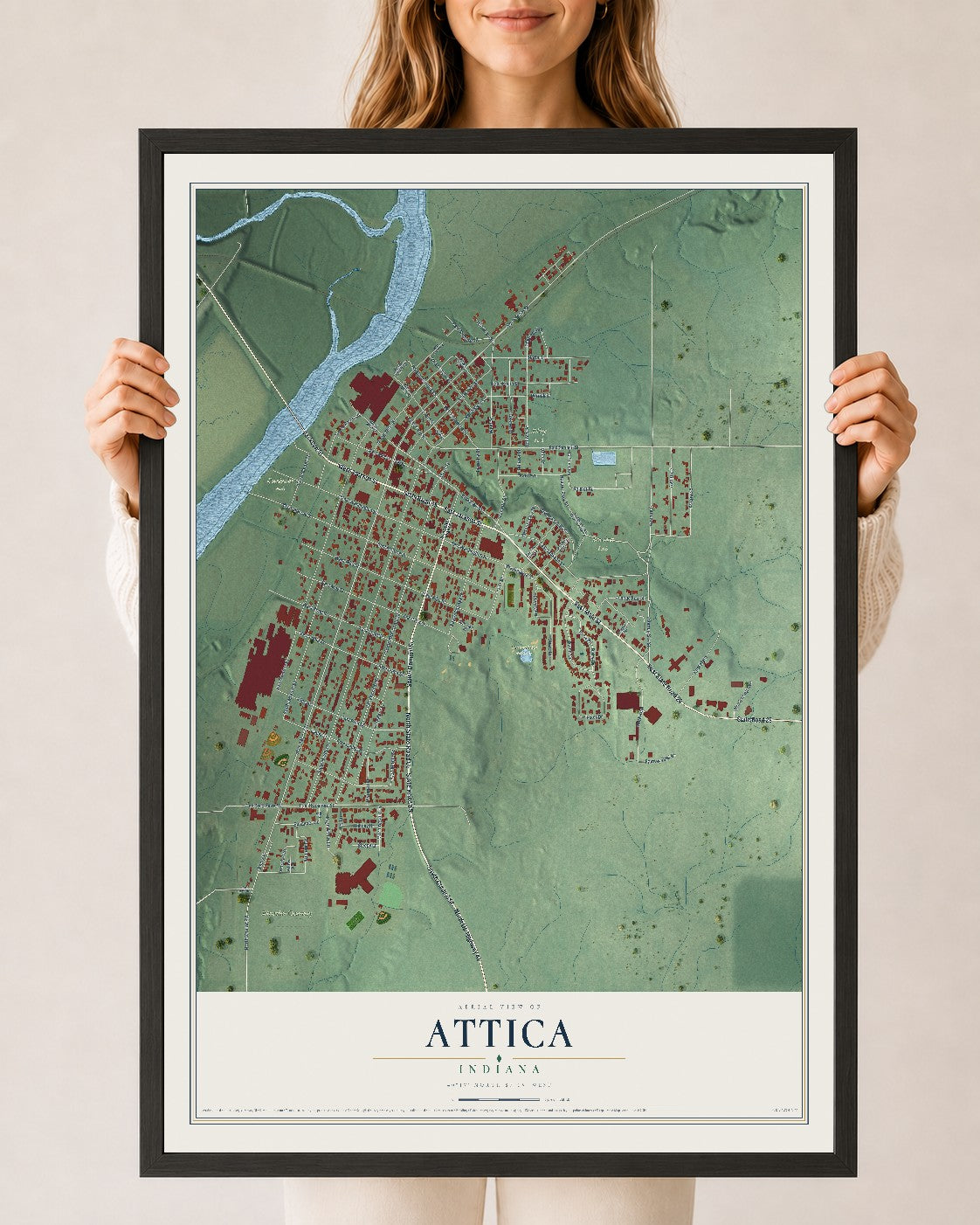 Map of Attica, Indiana, 24 x 36 inch print in a black wood frame