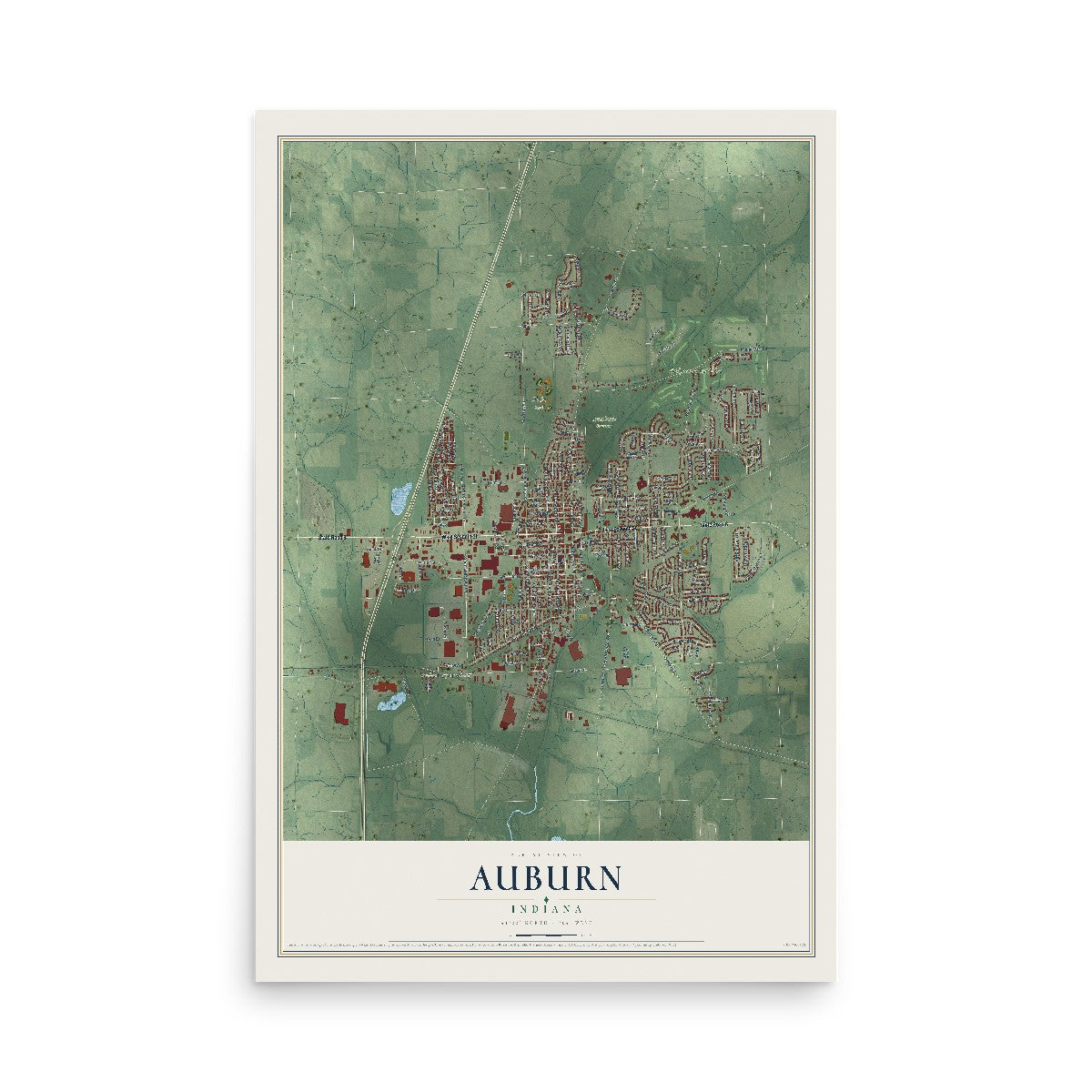 Map of Auburn, Indiana, 12 x 18 inch unframed archival matte print