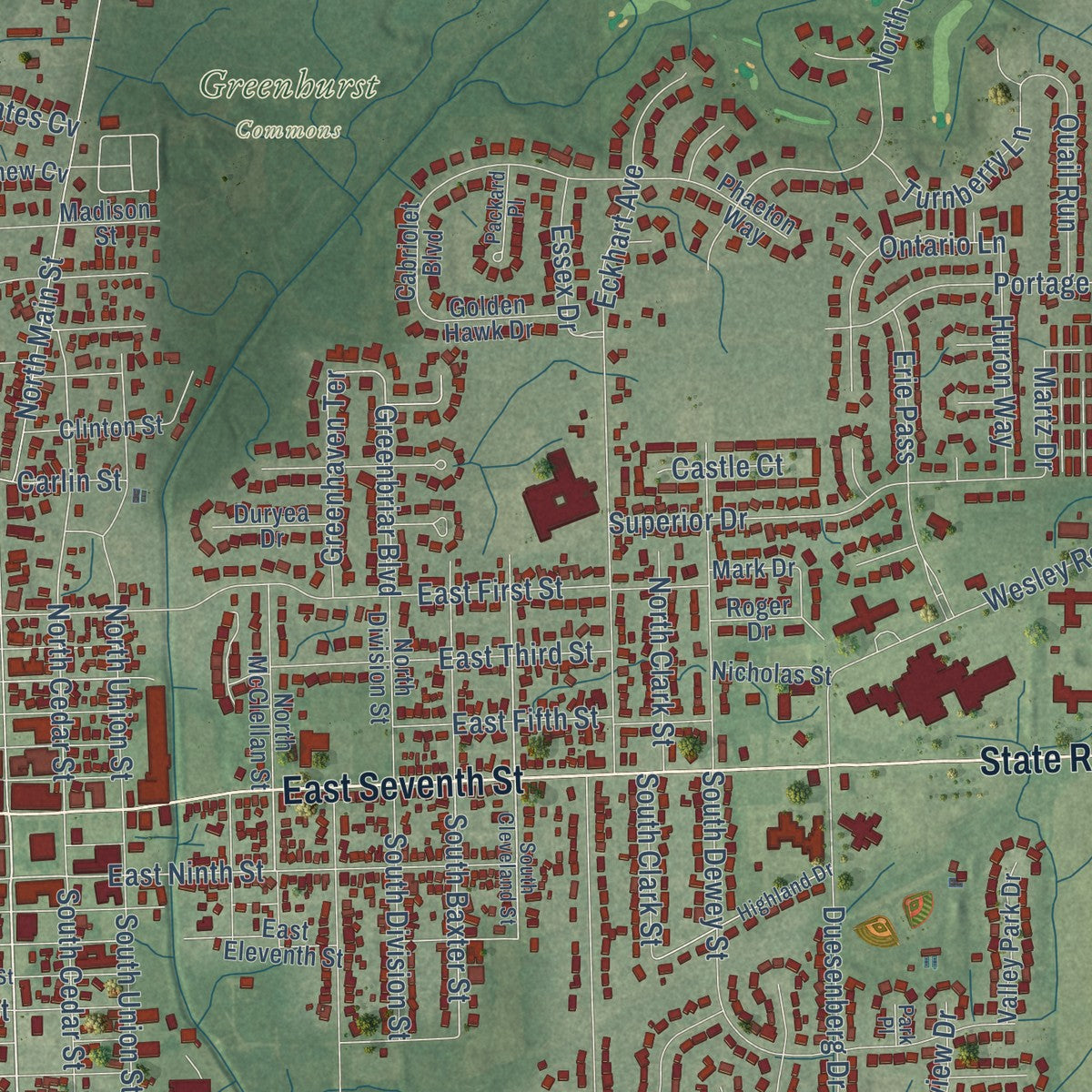Close-up of the map of Auburn, Indiana print showing street and building detail