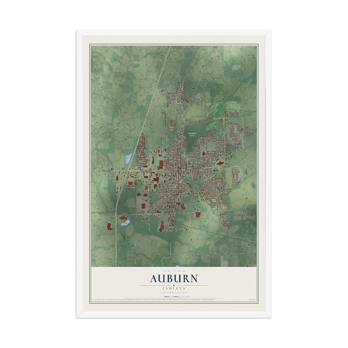 Map of Auburn, Indiana, 12 x 18 inch print in a white wood frame