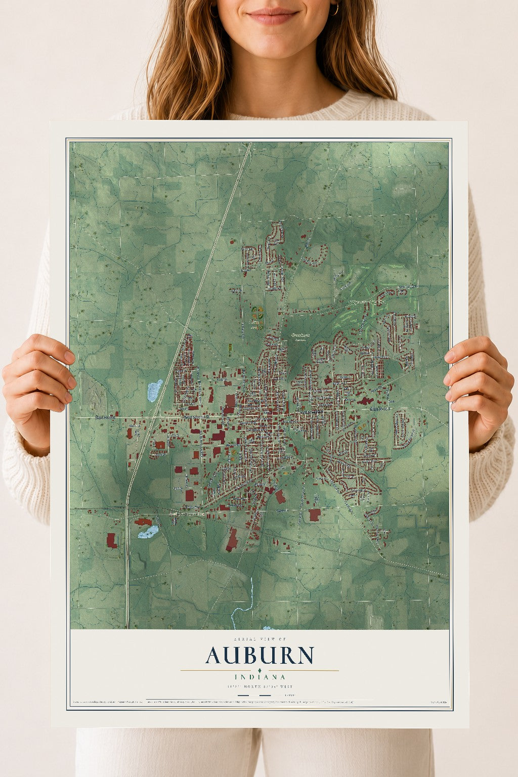 Map of Auburn, Indiana, 18 x 24 inch unframed archival matte print