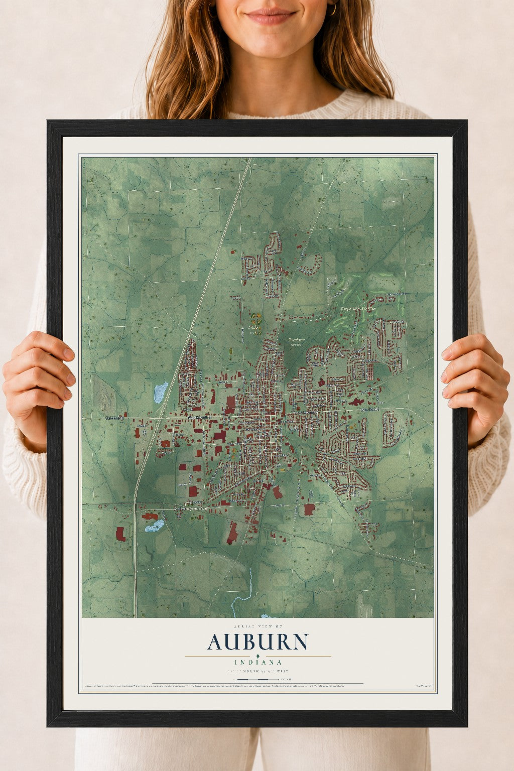Map of Auburn, Indiana, 18 x 24 inch print in a black wood frame