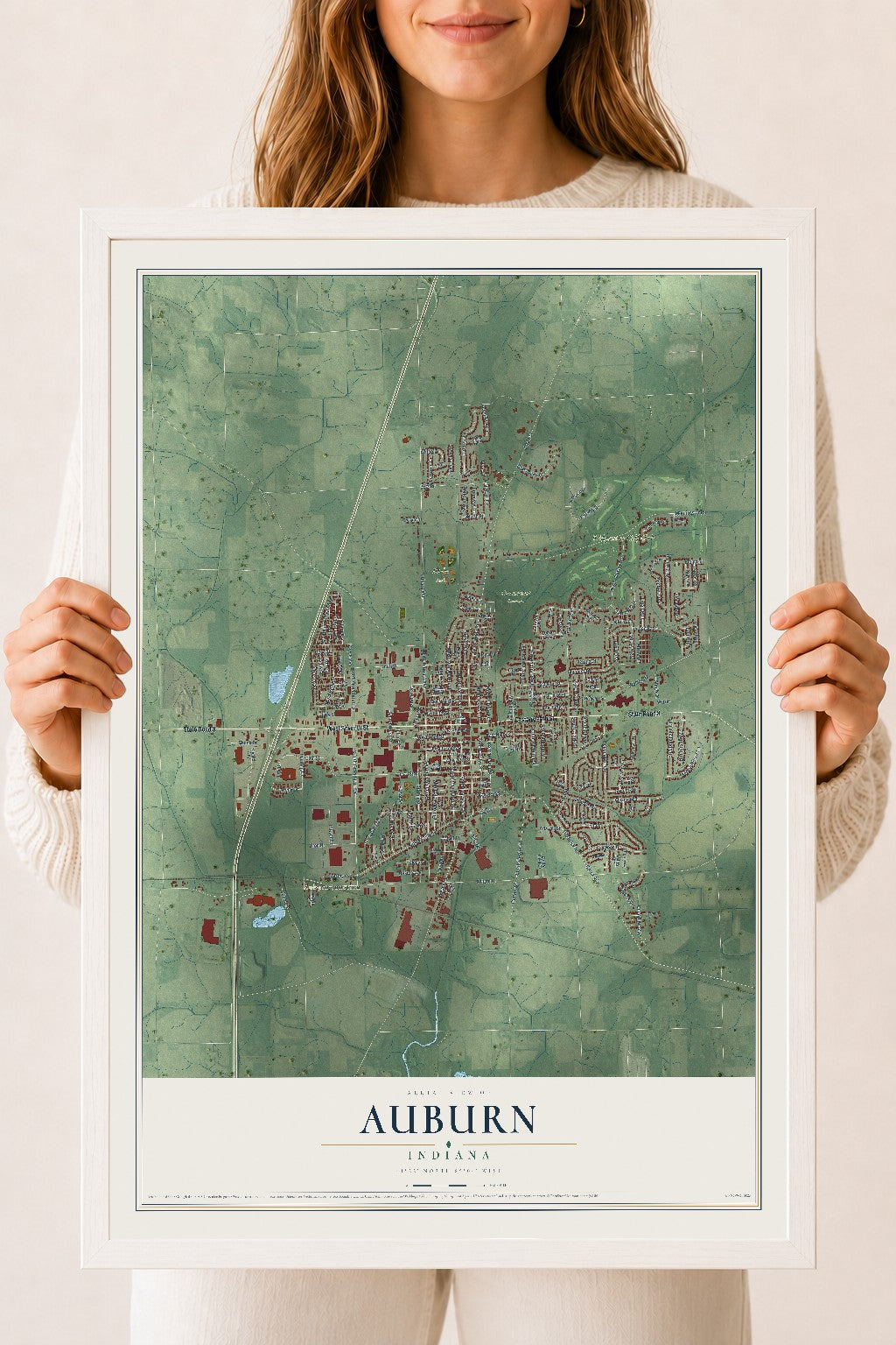 Map of Auburn, Indiana, 18 x 24 inch print in a white wood frame