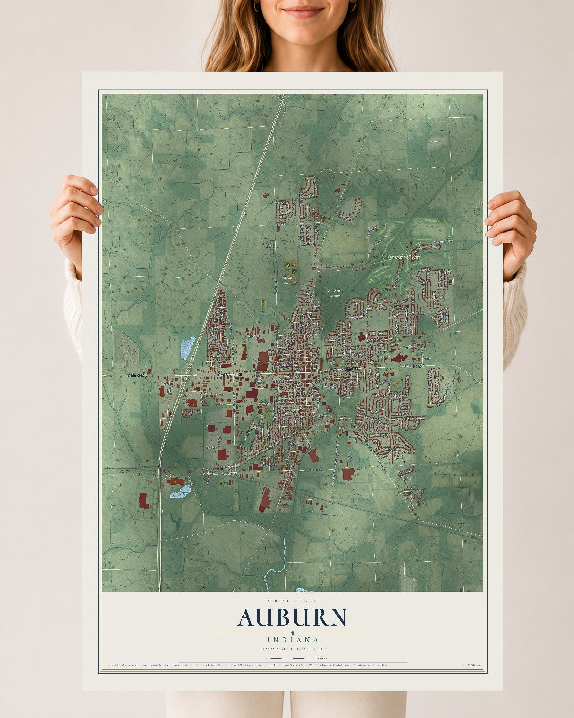 Map of Auburn, Indiana, 24 x 36 inch unframed archival matte print