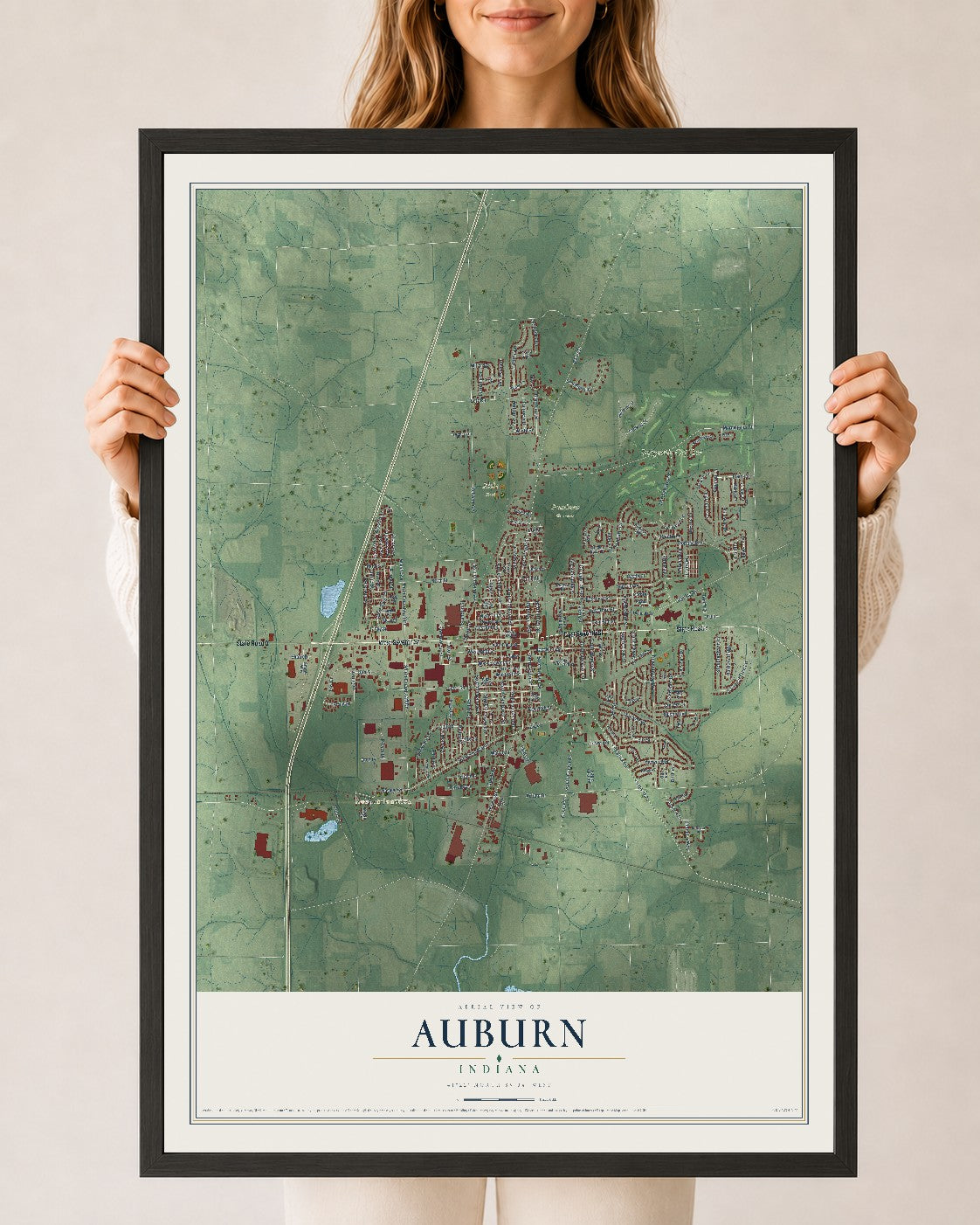Map of Auburn, Indiana, 24 x 36 inch print in a black wood frame