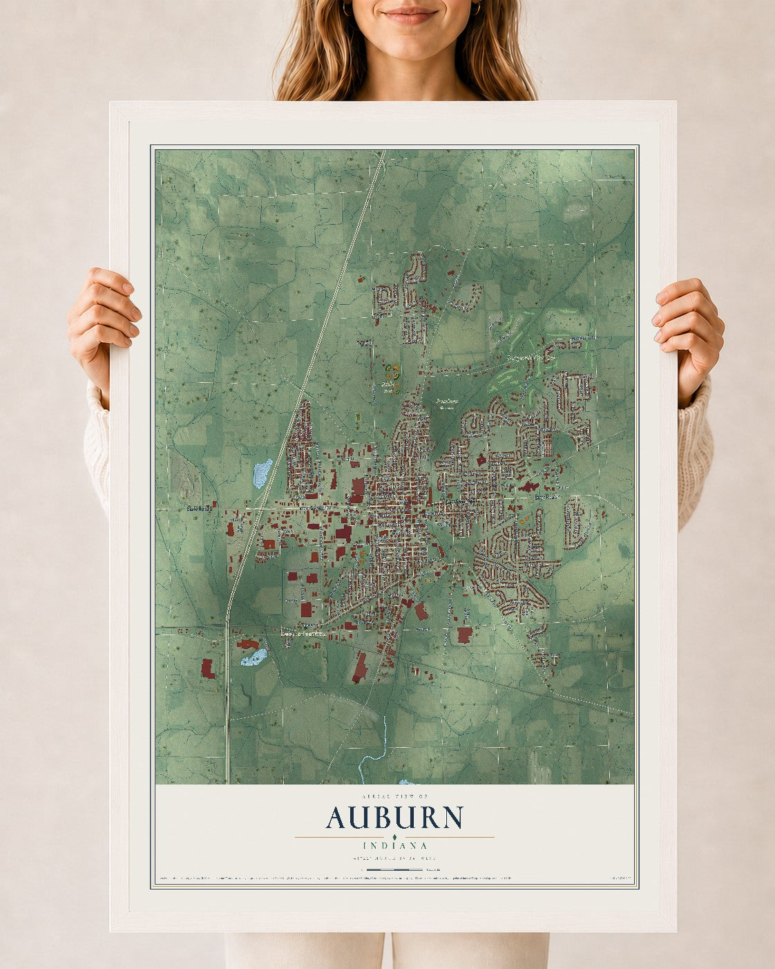 Map of Auburn, Indiana, 24 x 36 inch print in a white wood frame