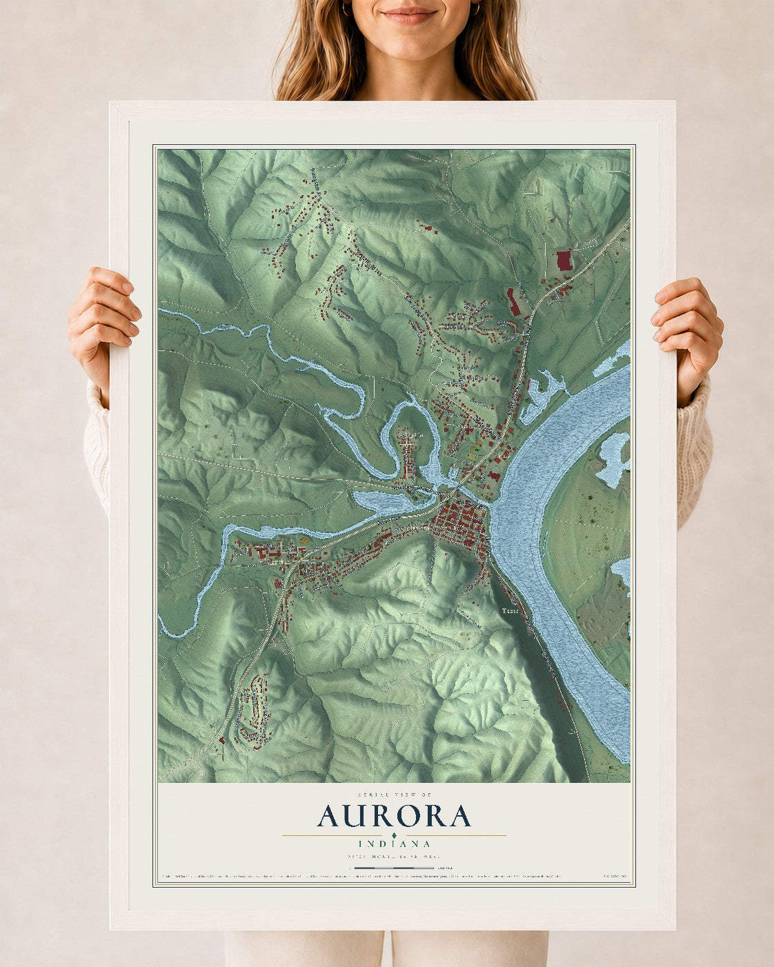 Map of Aurora, Indiana, 24 x 36 inch print in a white wood frame