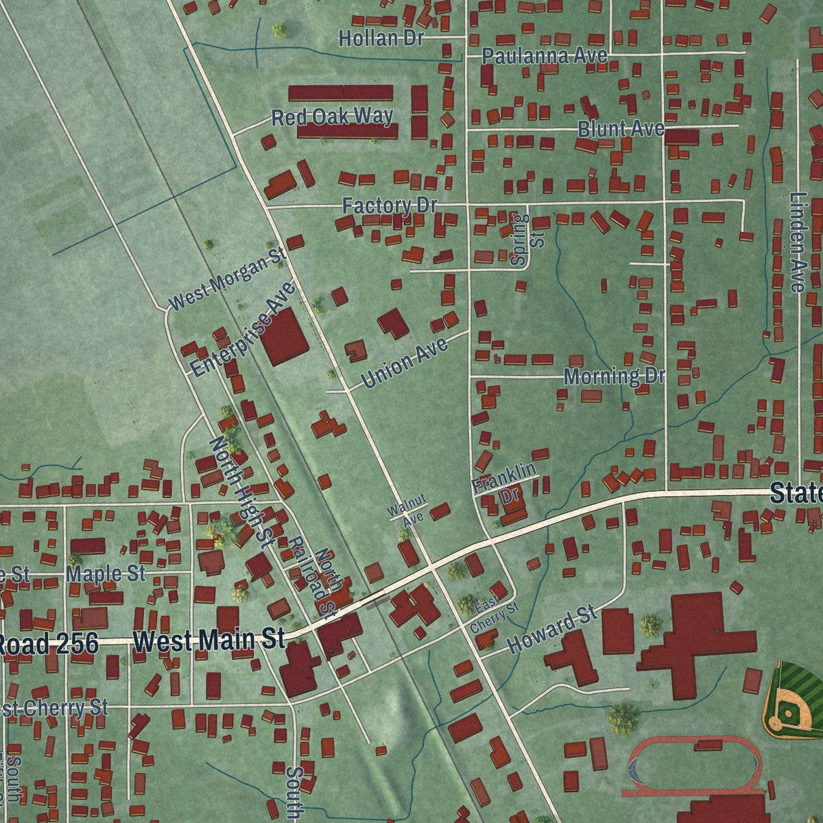 Close-up of the map of Austin, Indiana print showing street and building detail
