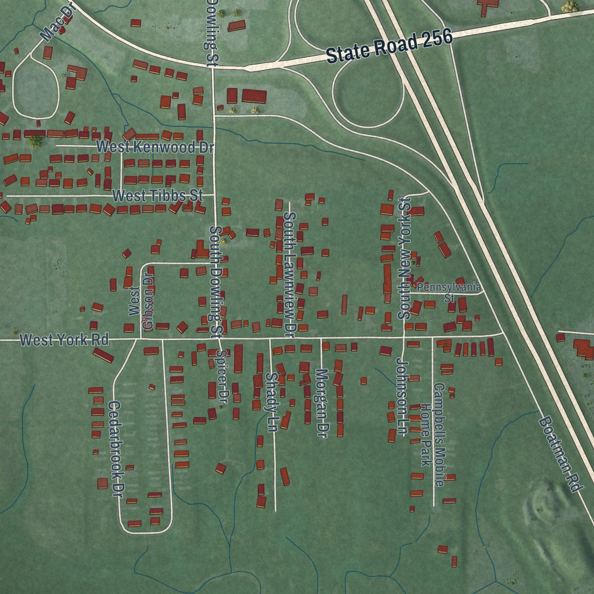 Second close-up of the map of Austin, Indiana print showing more streets and buildings