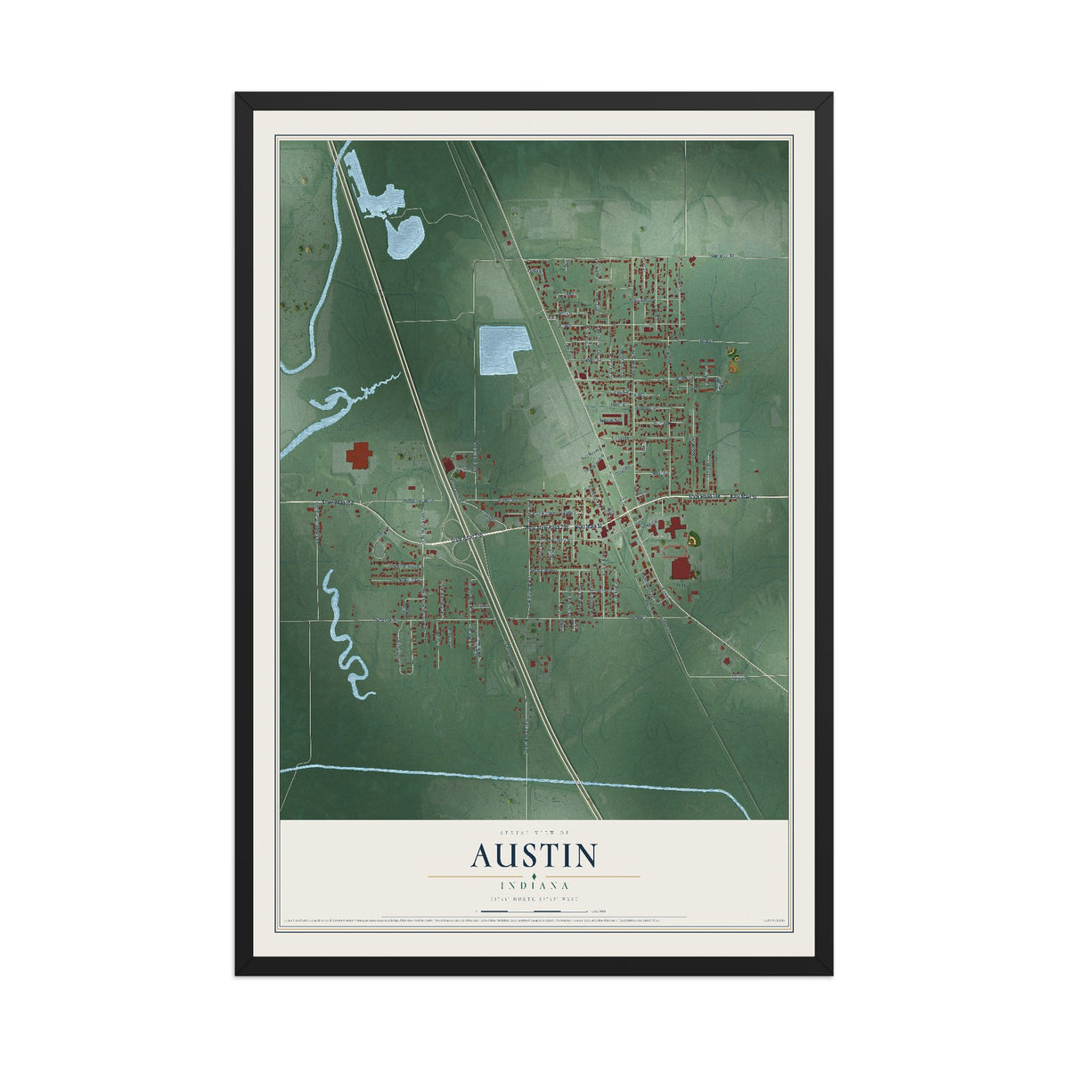 Map of Austin, Indiana, 12 x 18 inch print in a black wood frame