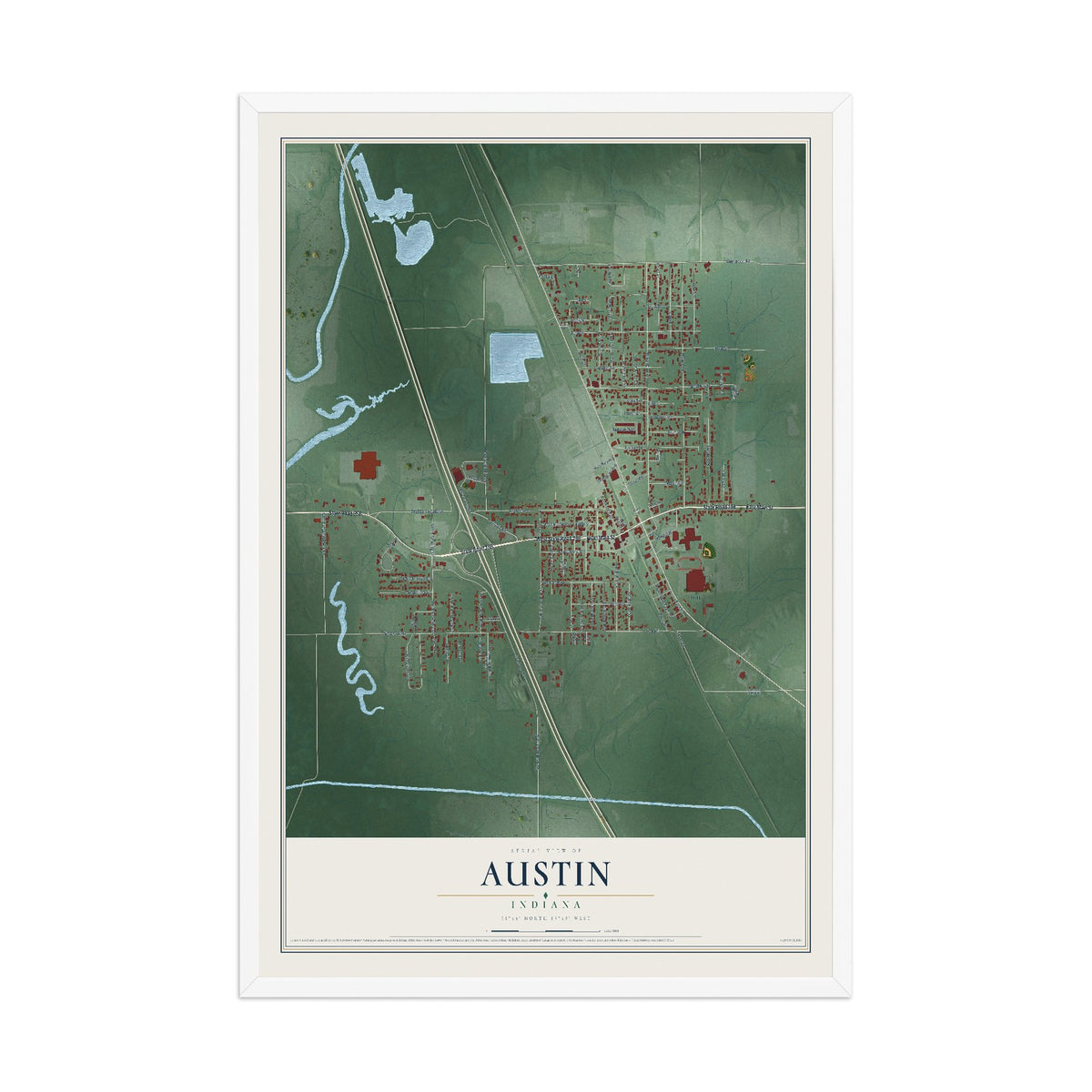 Map of Austin, Indiana, 12 x 18 inch print in a white wood frame