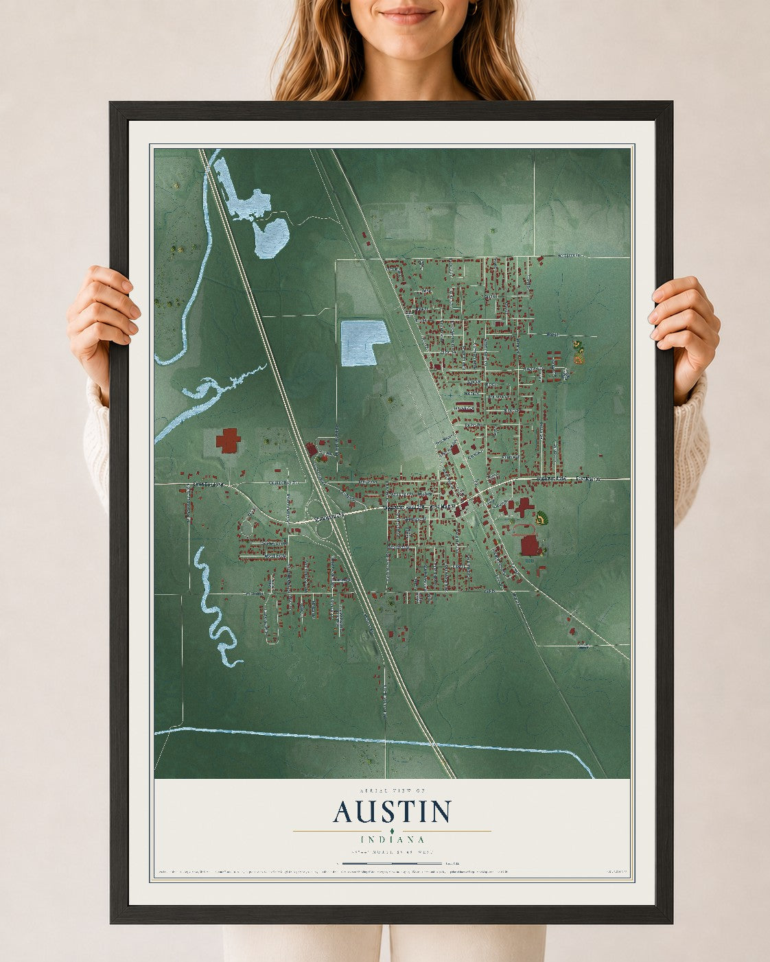 Map of Austin, Indiana, 24 x 36 inch print in a black wood frame