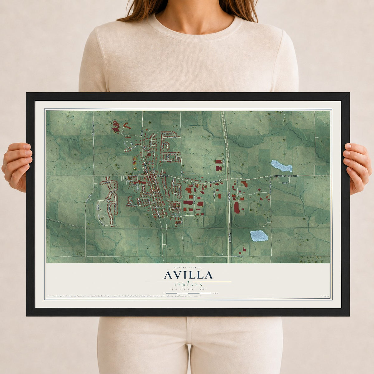 Map of Avilla, Indiana, 12 x 18 inch print in a black wood frame