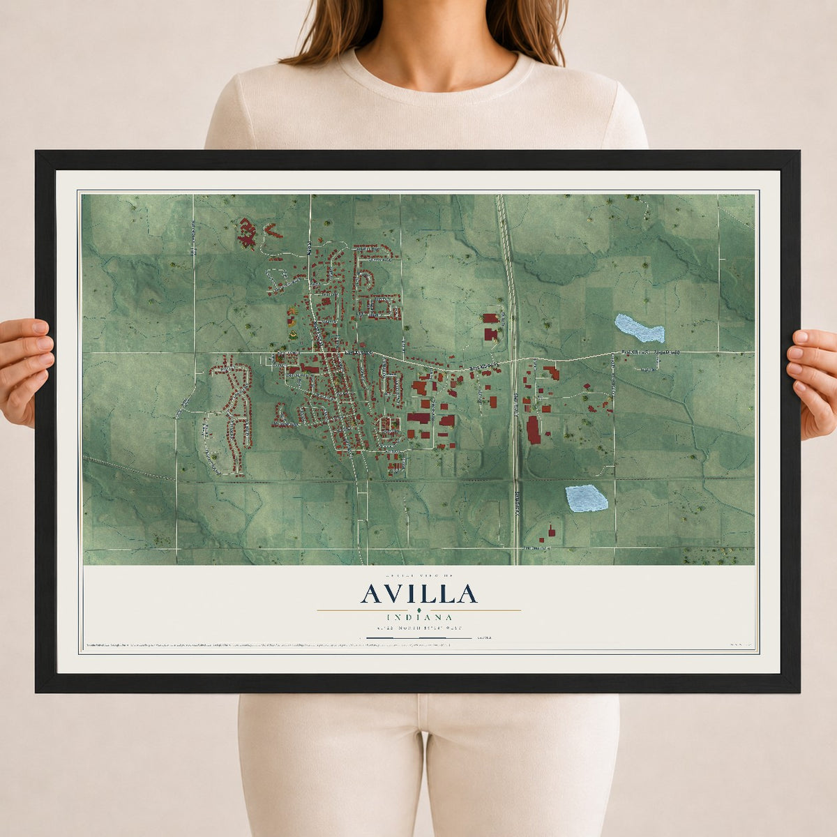 Map of Avilla, Indiana, 18 x 24 inch print in a black wood frame
