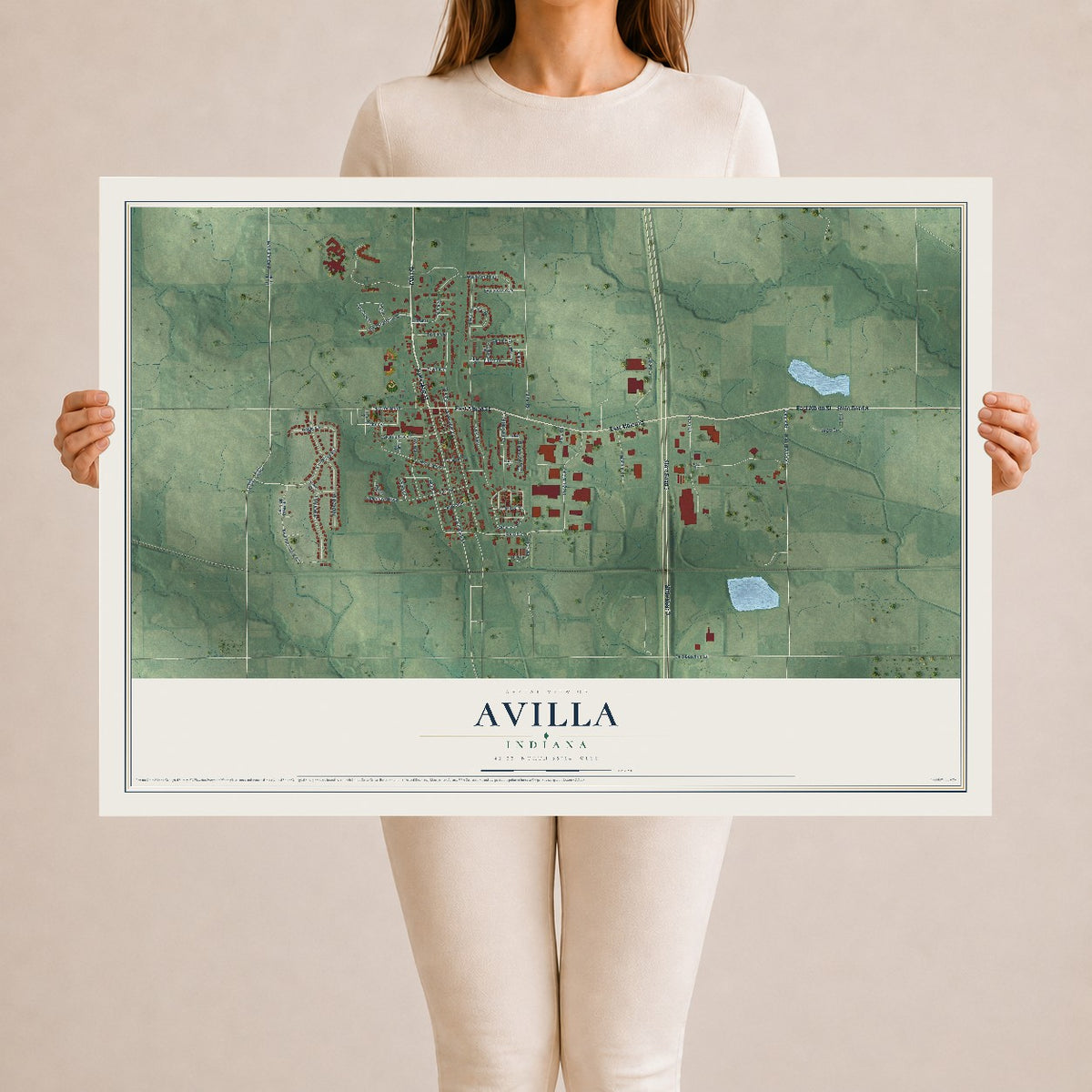 Map of Avilla, Indiana, 24 x 36 inch unframed archival matte print
