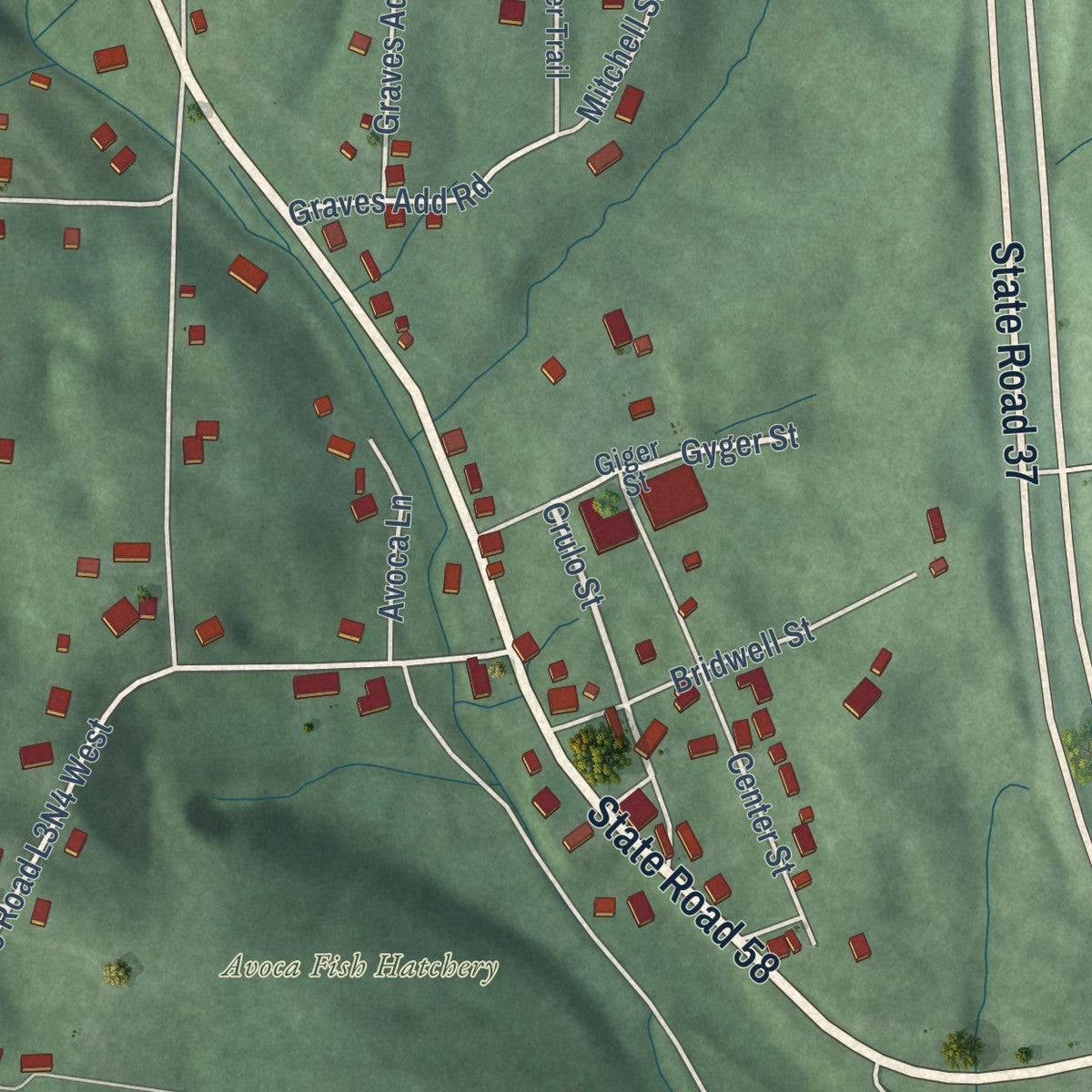 Close-up of the map of Avoca, Indiana print showing street and building detail