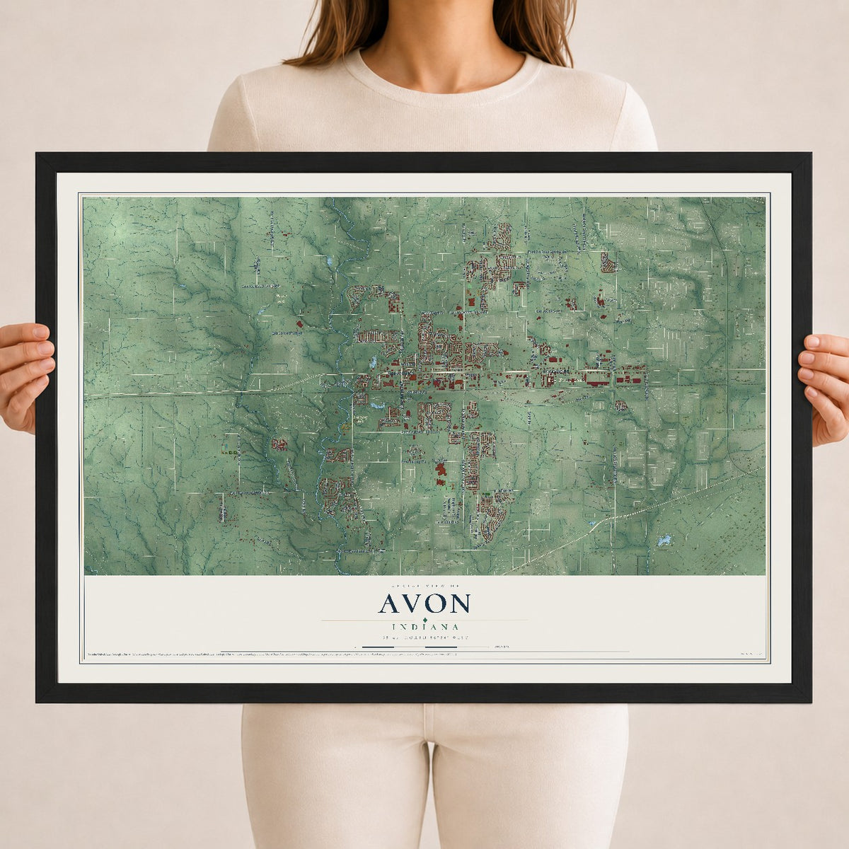 Map of Avon, Indiana, 18 x 24 inch print in a black wood frame