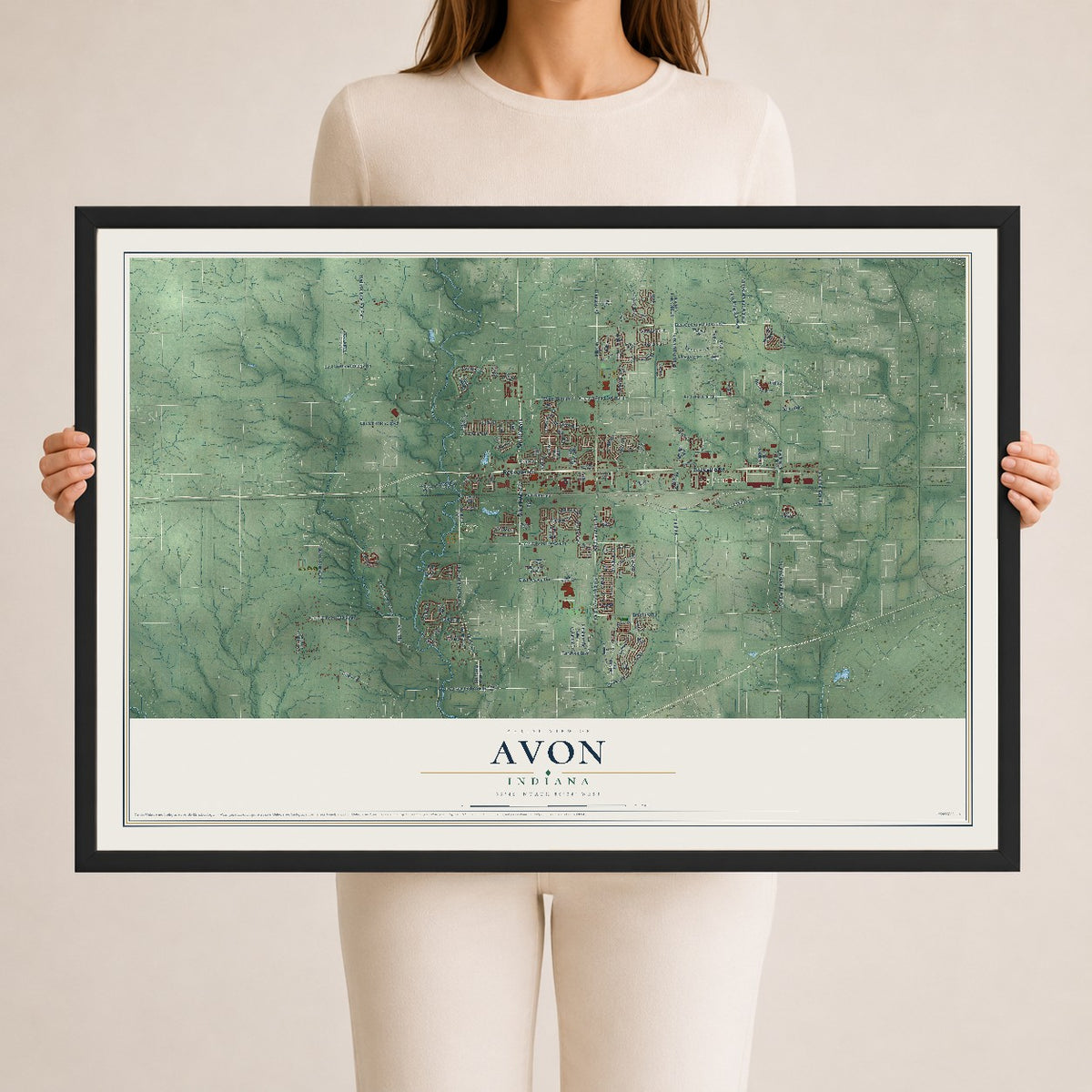 Map of Avon, Indiana, 24 x 36 inch print in a black wood frame